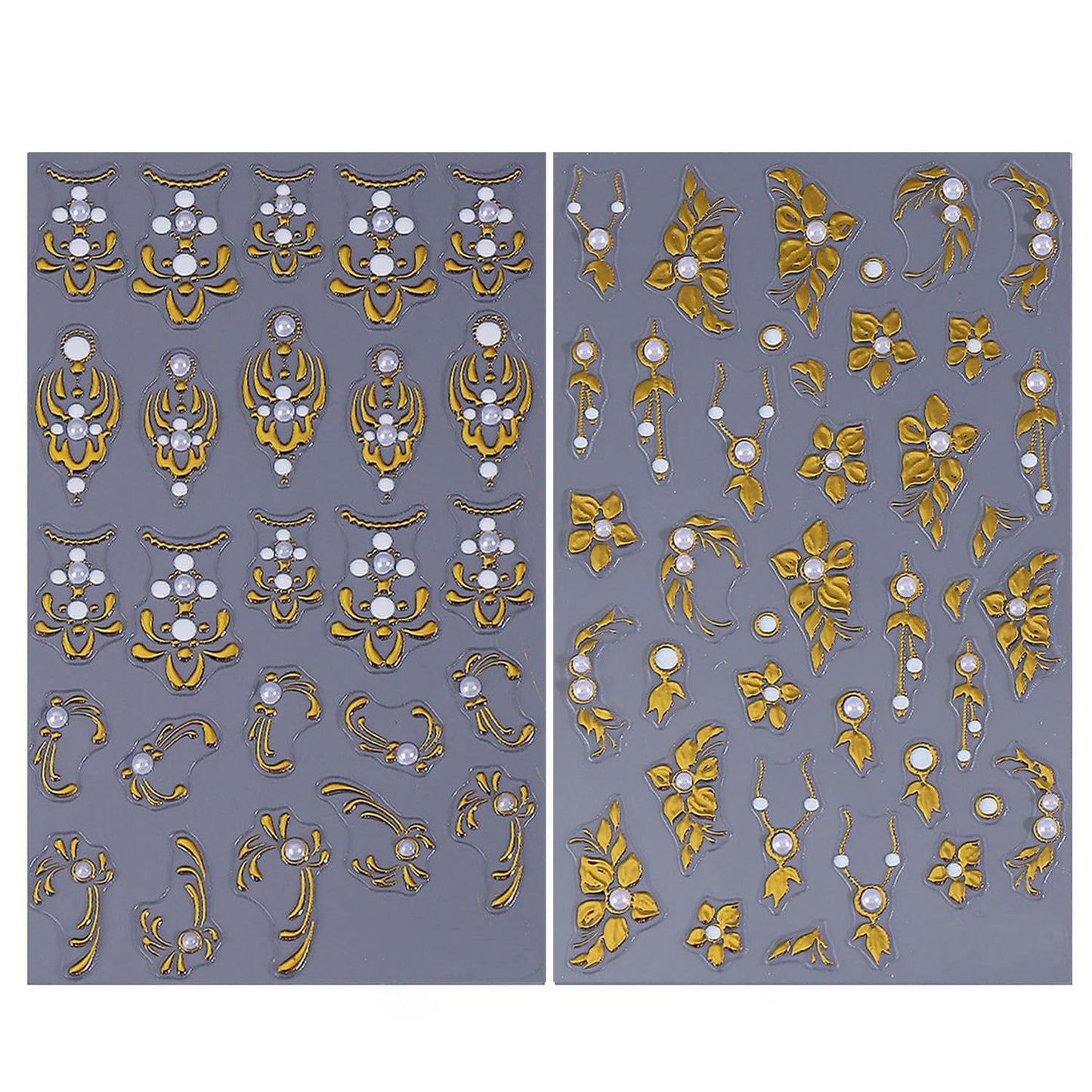 2 Sheets Gold Nail Art Stickers Golden Flower with Pearl Nails Stickers 5D Relief Self -Adhesive Gold Totem with Pearl Nail Decals Holographic Stereo French Nail Decoration for Women DIY Manicure