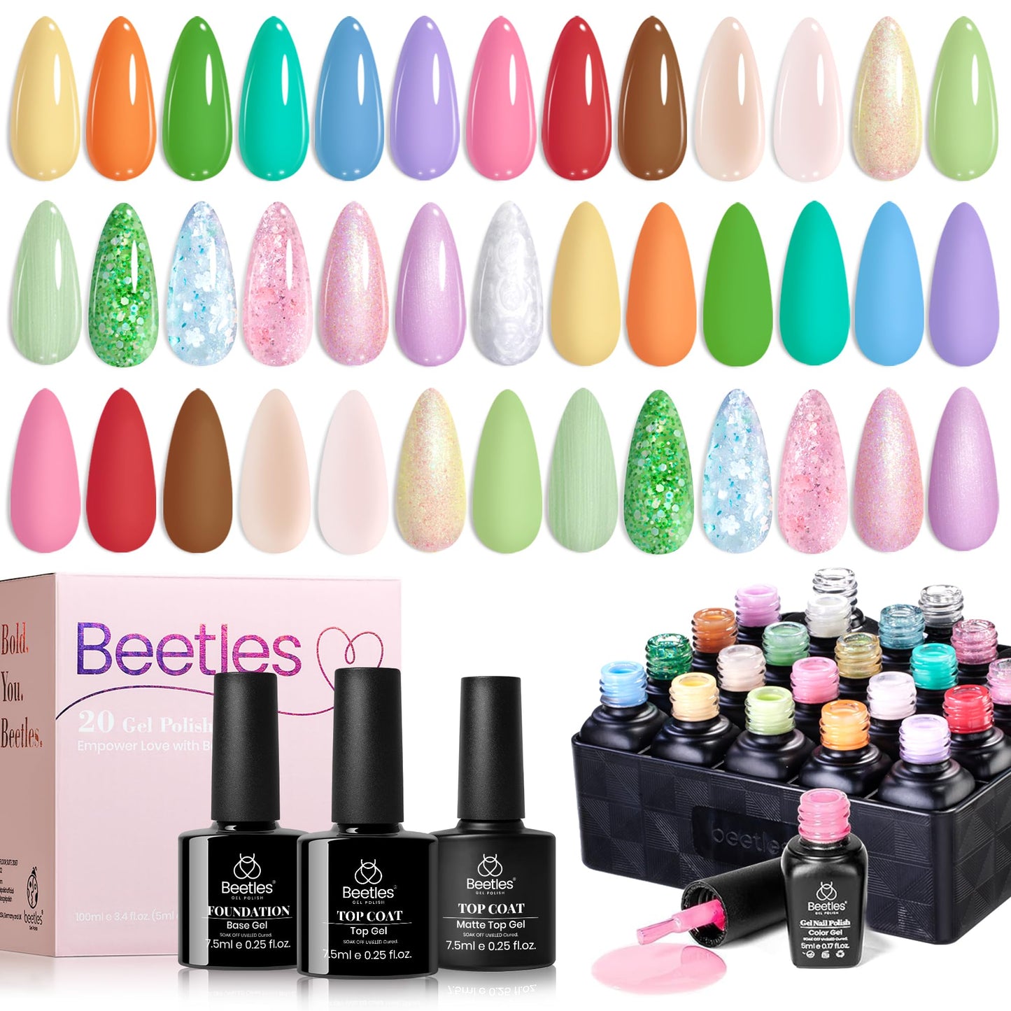 beetles Gel Nail Polish Set 20 Colors Pastel Gel Polish with Glossy&Matte Top Coat Base Coat, Pink Purple Blue Green White Trendy Color Glitter Uv Embrace Nature Gift for Women & Girls