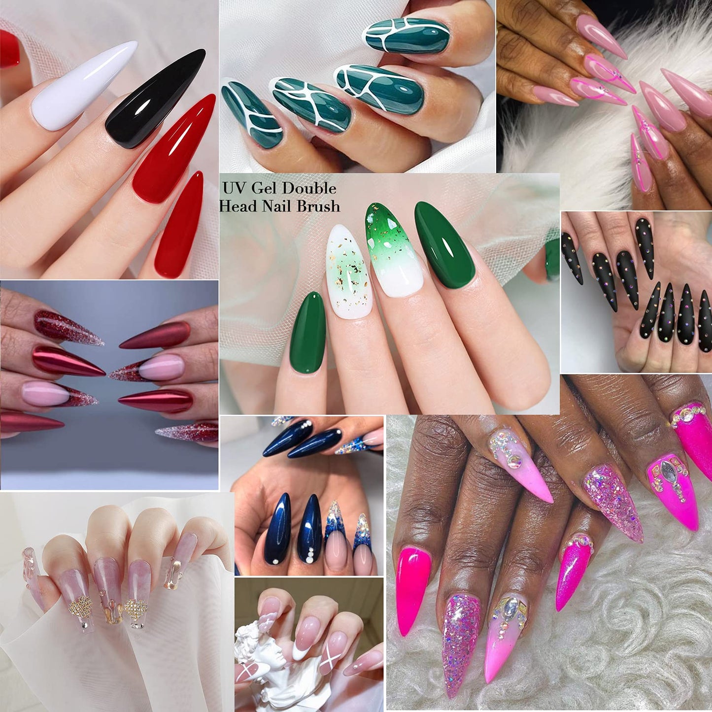 505PCS Acrylic Nail Brushes with False Nail Tips, Dual Head Gel Brush Acrylic UV Gel Picker Brush 3D Nail Acrylic Brush Fake Nail Tips Press on Nail Stiletto Nail for Dip Powder Extension Nails (C)