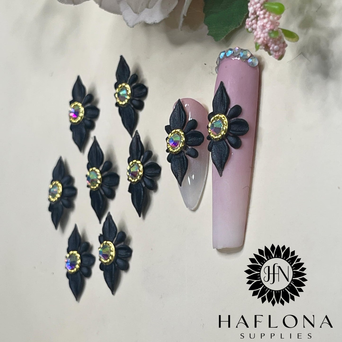 Set 10Pcs 3D Poinettia Flower -Nail Art Charms Handmade by Acrylic Powder Design Nail Art Floral Salon Decor, 3D -Flowers -Nails -Charms with Rhinestone Gems -for Women Girls (Black 10Pcs)