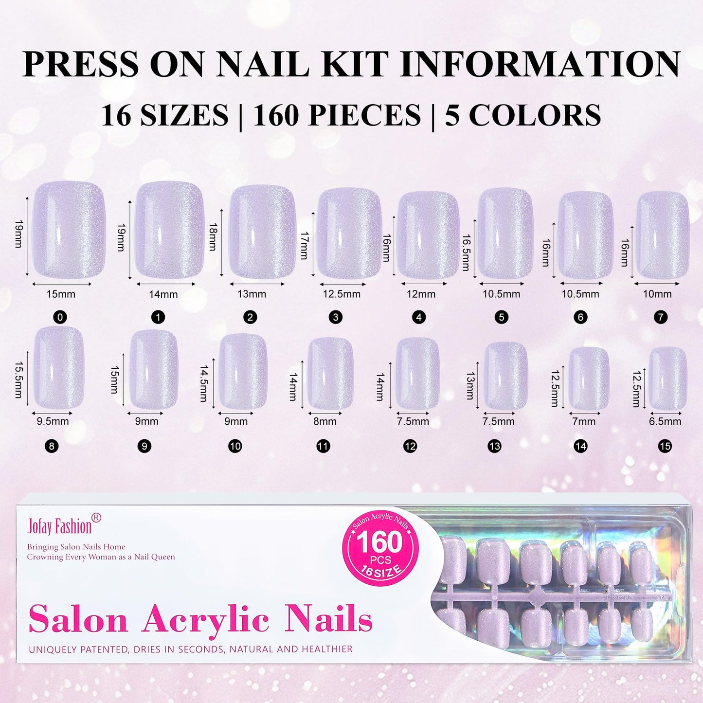 Valentines Press on Nails Short 5 Styles, Jofay Fashion 160Pcs Cat Eye Press on Nails for Women, Reusable Opaque Gel Fake Nails, Square Glue On Nails Kit in 16 Sizes, Bubbles