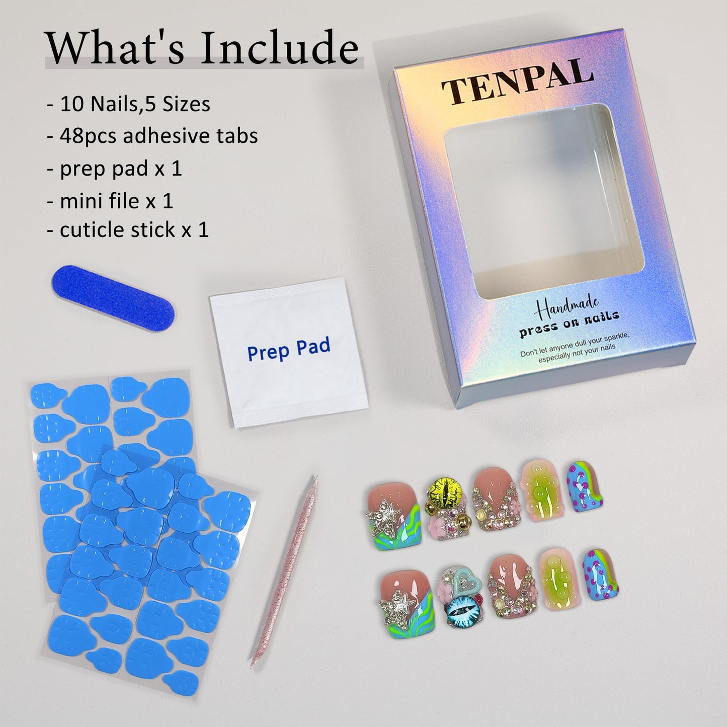TENPAL V-Shape French Tips Square Nails,Acrylic Press on Nails with 10pcs Kit,Sweet Edgy Y2K Hand-Painted Art False Nails,Neon Yellow-Green Fake Nails with 3D Stars, Hearts, Rhinestones Flowers(S)