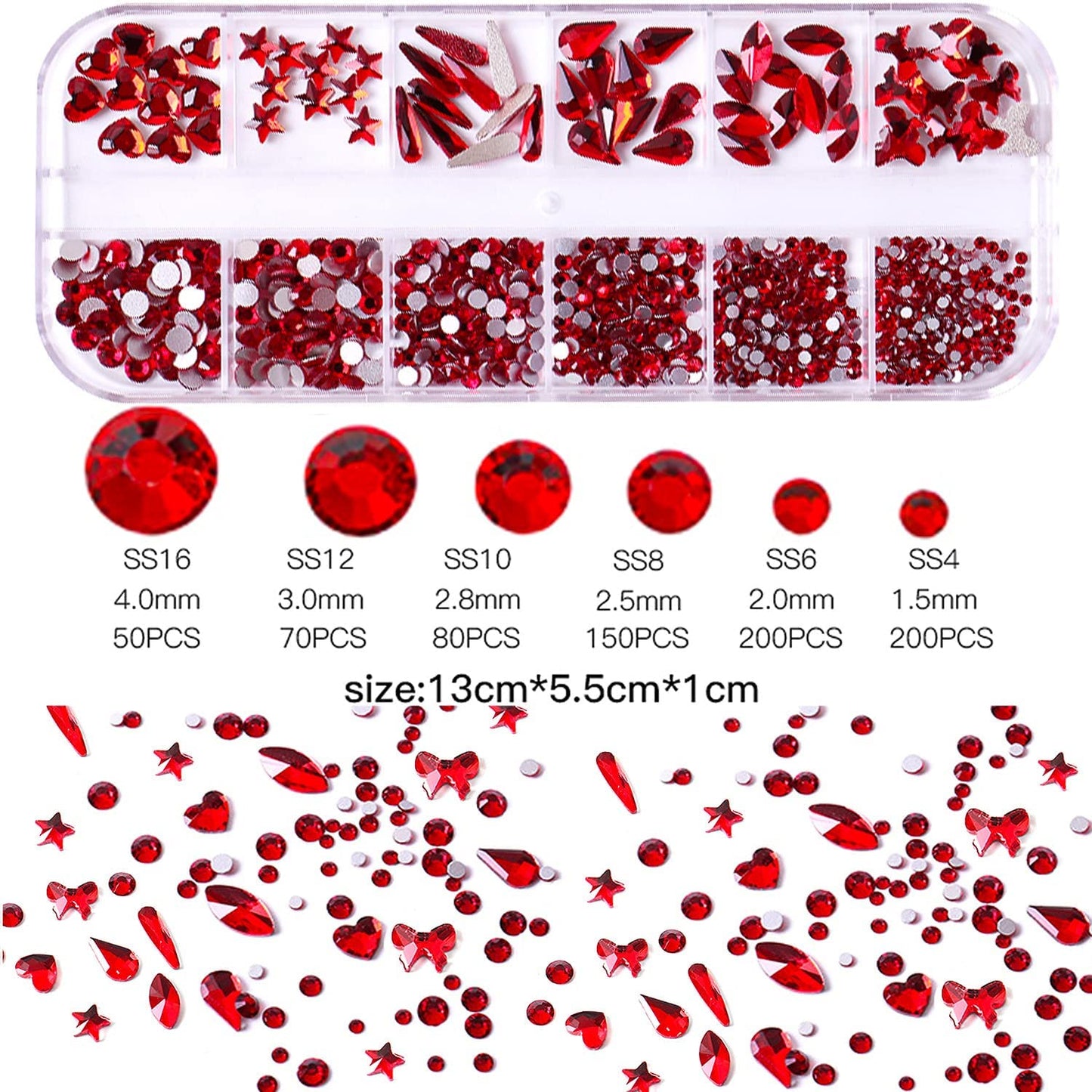 JERCLITY 1620pcs Flat Back Green Nail Rhinestones Red Nail Rhinestones Round Beads Crystals Glass Gems Stones Multi Shapes Sizes with Picking Pen for Crafts Nail Face Art Clothes Shoes Bags DIY