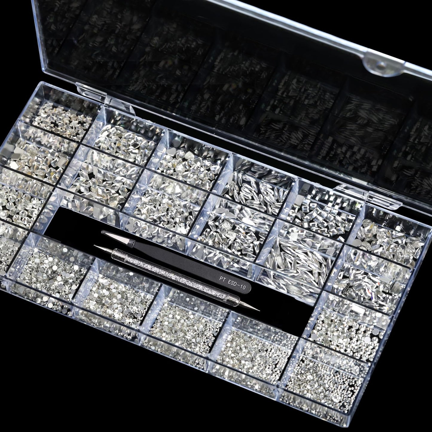 Yzzseven 12 Types of 600 White Diamonds + 2500 Flat Rhinestones Mix 20 Styles Flatback DIY Crafts Rhinestone Crystals 3D Ornaments Flat Back Stones Set + Tweezers + Drill Pen