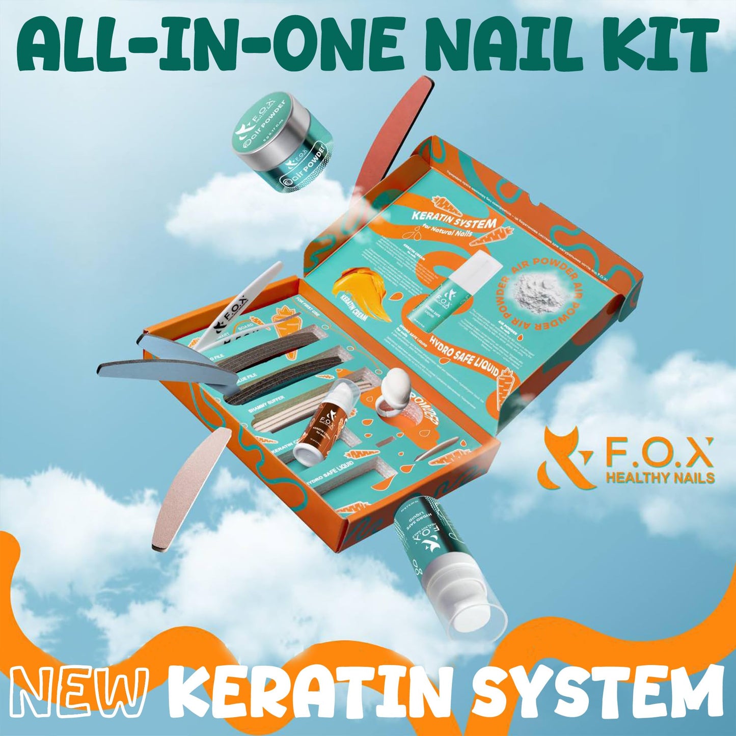 F.O.X Keratin Nail Care Kit β Professional Nail Strengthener & Shine System | Restores Natural Nail Smoothness & Gloss | Manicure Kit with Keratin Cream, Air Powder & Tools