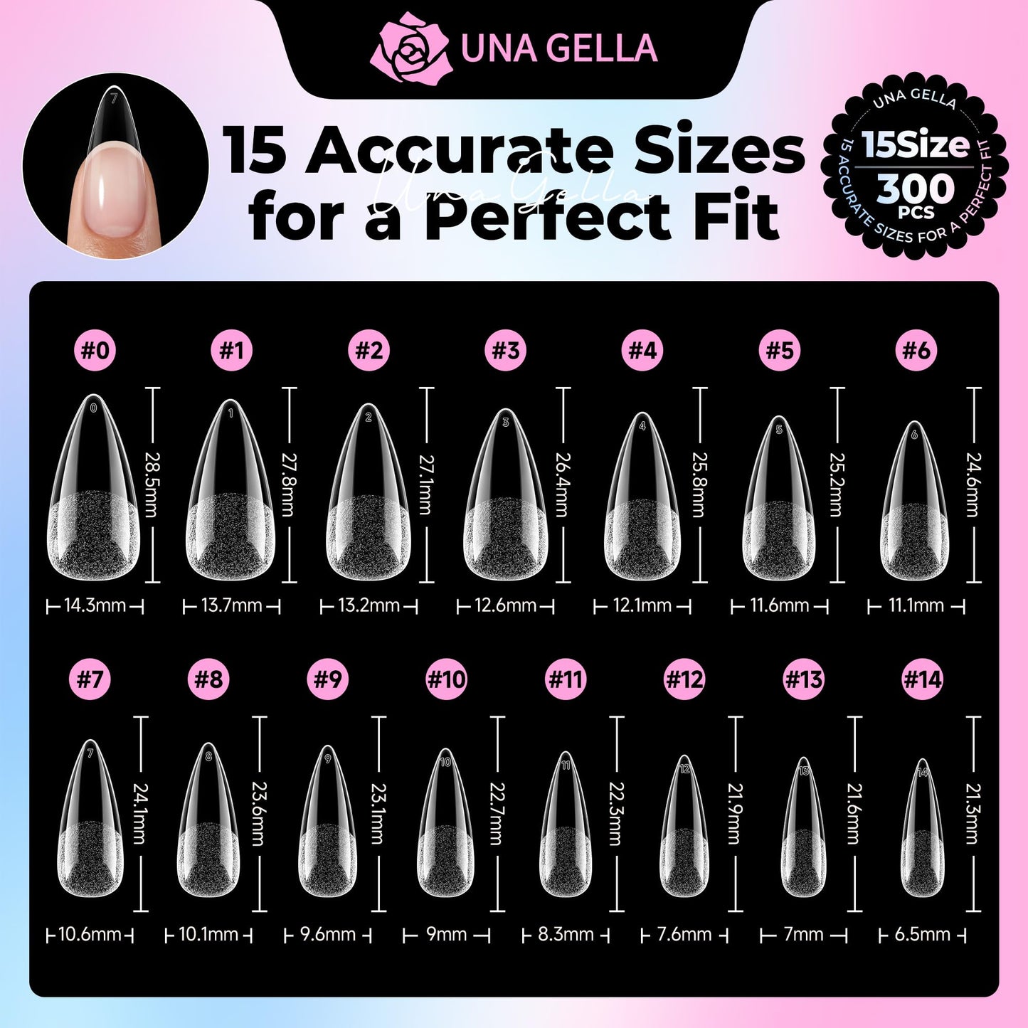 UNA GELLA Stiletto Gel Nail Tips Medium 15 Sizes 300PCS Pre-Etched Clear Acrylic Nail Tips Easy DIY Salon Stiletto Almond Press On Nails Snug Fit Full False Fake Tips Extensions Long-Lasting Hold