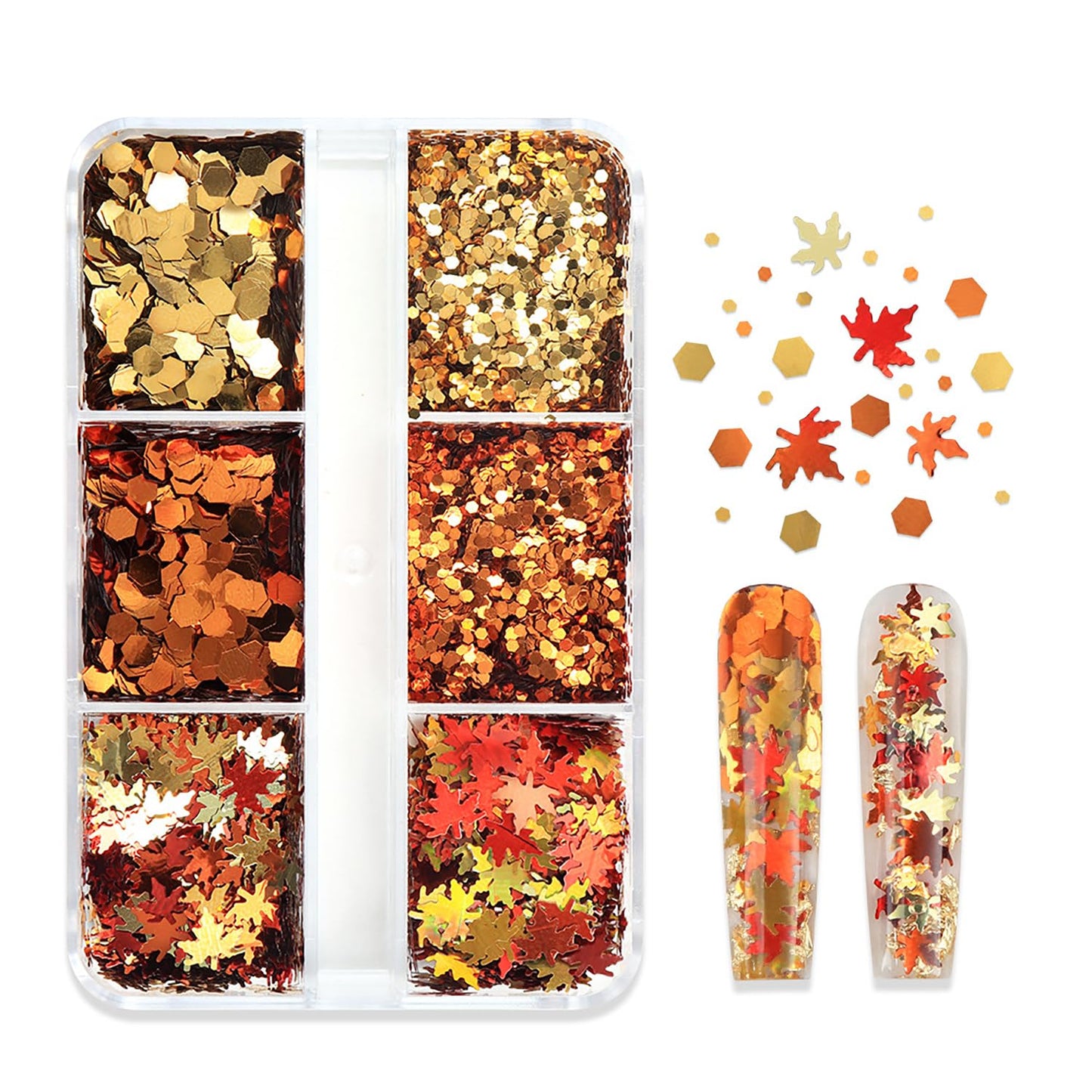 CJDLTS 6 Grid Fall Maple Leaf Glitter Sequins Nail Accessories Thanksgiving Day Glitter Manicure Mix Hexagon Circle Nail Art Glitter Flakes, 3D Nails Supplies Jewelry Studs Nail Decoration for Women