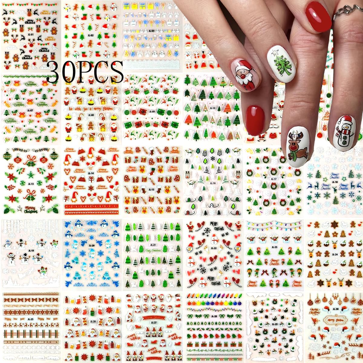 30Pcs/Set Glitter Christmas Nail Sticker 3D Self- Adhesive Nail Decals with Cute Penguin Deer Snowman Snowflake Elk Santa Claus Design Xmas Nail Art Stickers for Women Winter Holiday Nail Decorations
