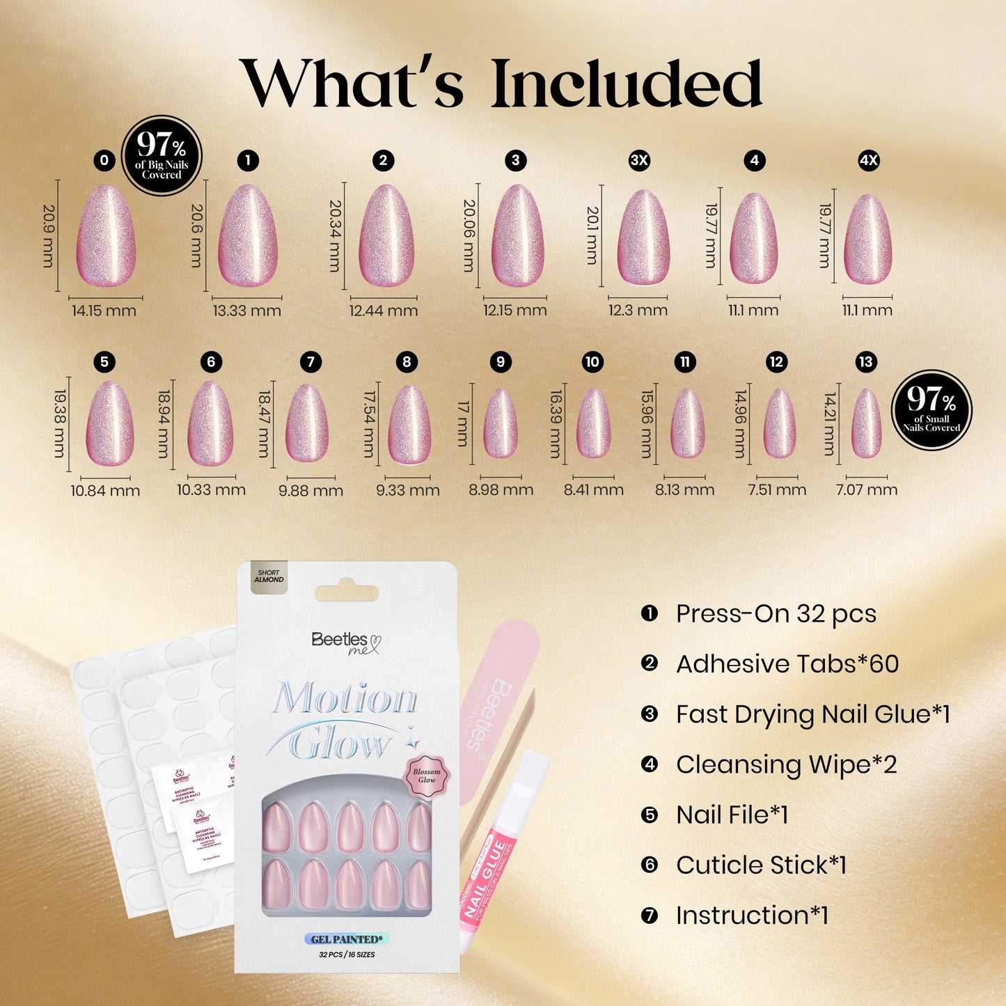 Beetles Motion Glow Cat Eye Press On, Short Almond Press On Nails Kit with Fast-Dry Nail Glue & Adhesive Tabs, 32pcs 16 Sizes, Girls Stick On Nails for Women Blossom Glow