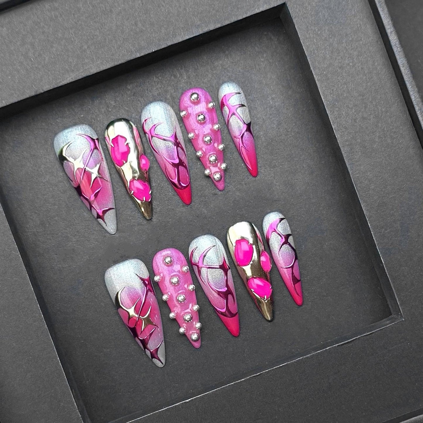 Handmade 3D Pink Silver Future Tech Stiletto Press On Nails, Metallic Rivet Rhinestone Sweet Cool Artisan Nails Set, Reusable Glossy Press-ons with Tool Kit(M)