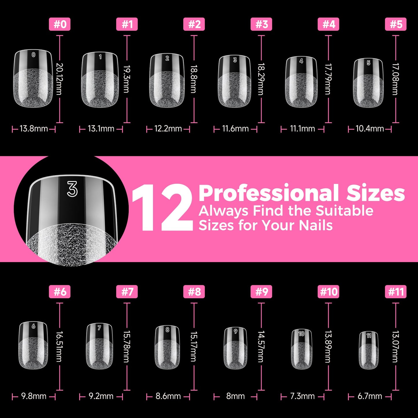 UNA GELLA Short Square & Squoval Nail Tips 216pcs Pre-Etched Short Square Round Oval Press on Nails Squoval Clear Acrylic Fake Full Cover Gel Nails Tips for Nail Extensions Home DIY Salon 12 Sizes