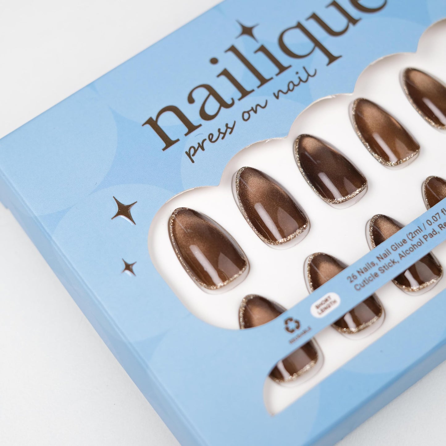 Nailique Press On Nails Short Almond – Handmade Espresso Mocha Brown Cat Eye Soft Gel with Gold Trim Outline, 26pcs Reusable Nail Tips with Glue & Remover, Salon Quality Luxury Chic Manicure