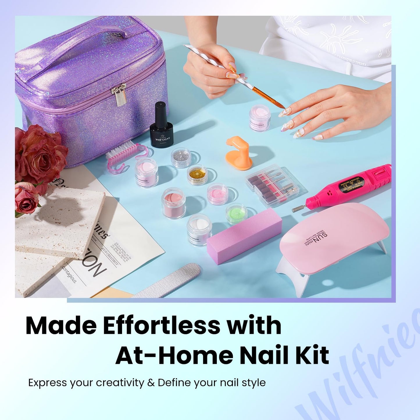Nail Kit for Beginners with Everything: Acrylic Nail Set Professional Drill Powder Liquid Starter Kits with U V Lamp in Cosmetic Gift Bag for Women Salon Home(Purple)