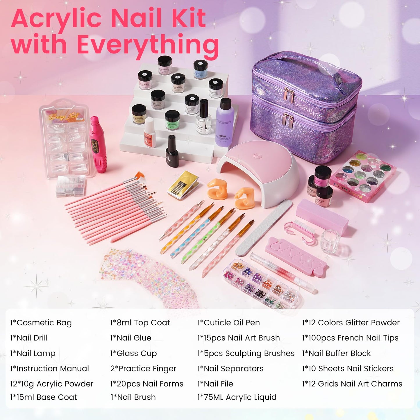 Acrylic Nail Kit for Beginners with Everything: 12 Colors Professional Acrylic Powder Starter Set with Drill UV Light Glitter & Rhinestones in Cosmetic Bag, Ideal Gift for Women Home & Salon (Purple)