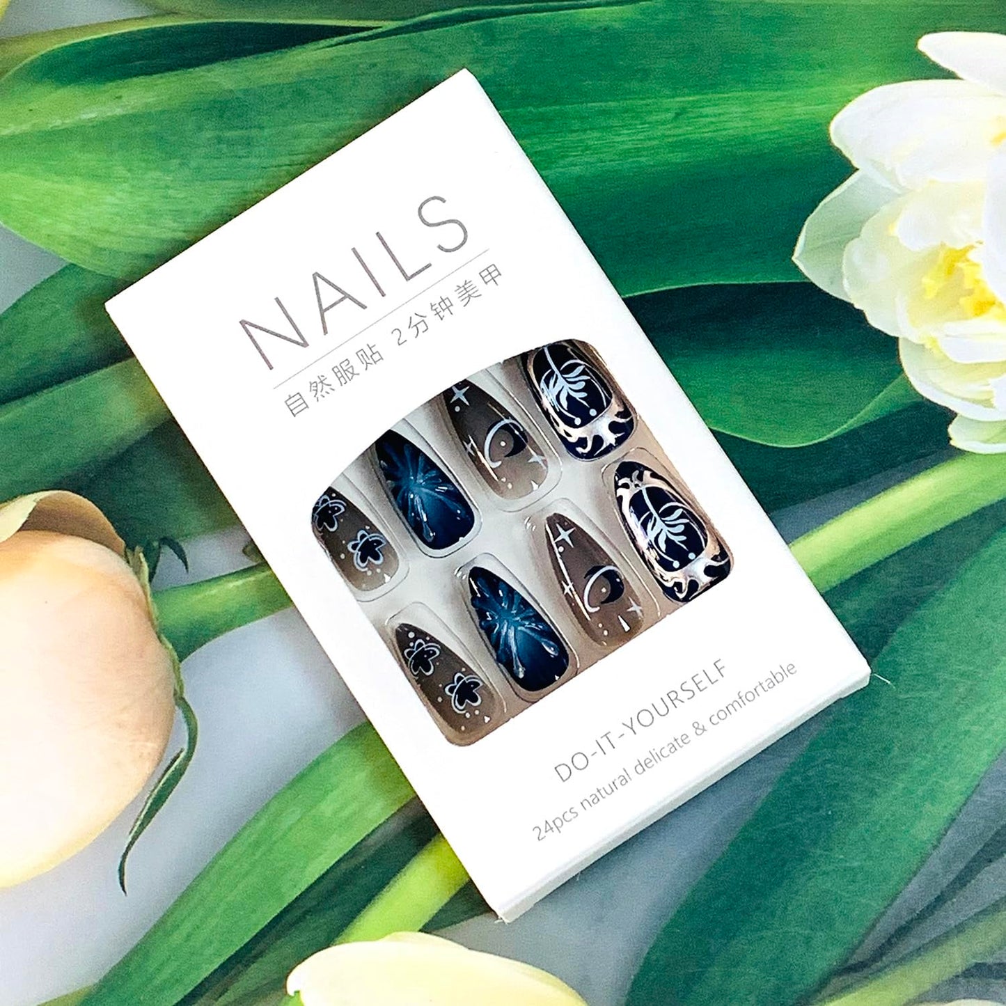EYZOTSF Press on Almond Nails Medium Length Glossy Full Cover Acrylic Almond Shaped False Nails with Designs Artificial Fake Nail with Charms Glue Stick ons Fingernails for Women Girls(Z1110)
