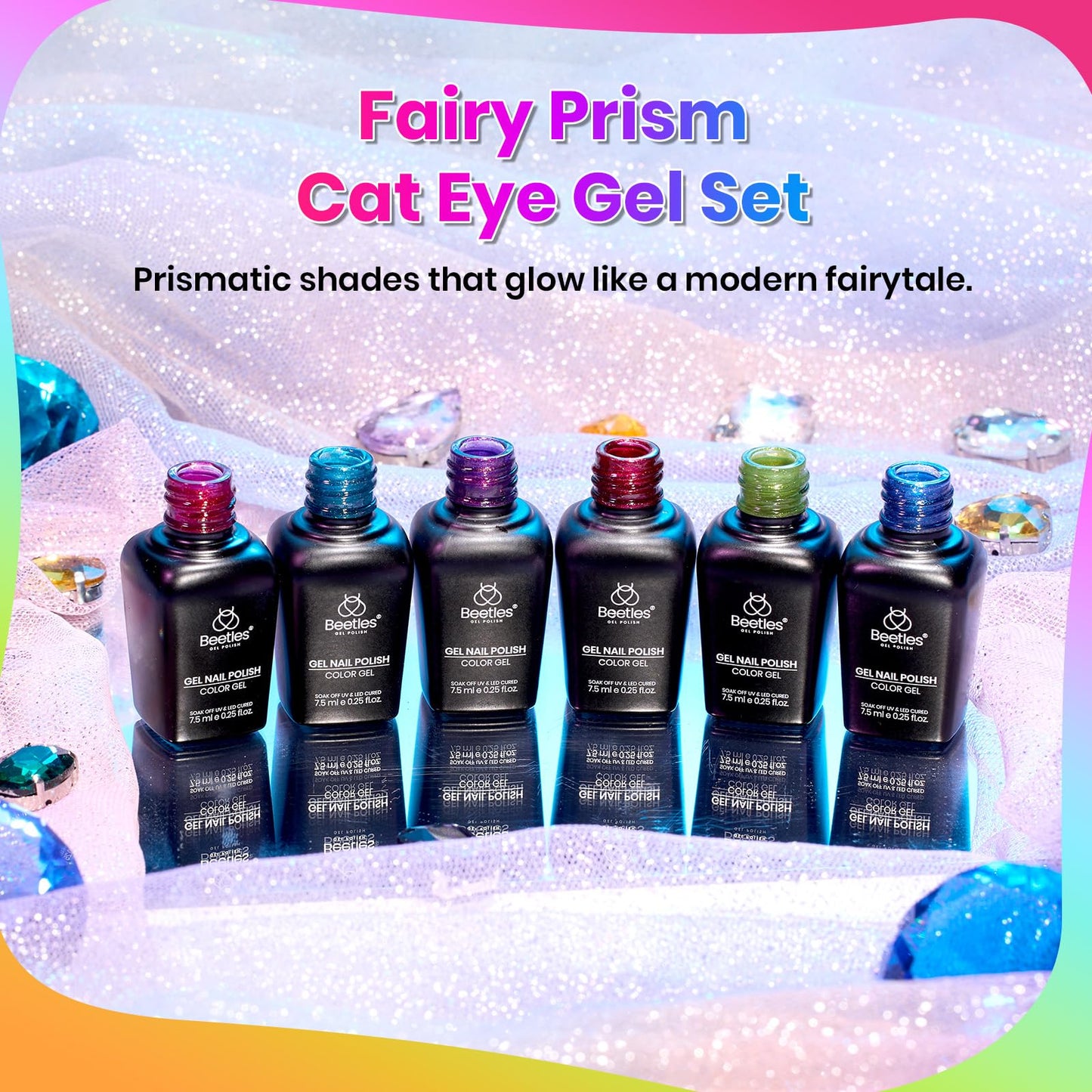 Beetles Neon Cat Eye Gel Nail Polish Set - 6 Colors Fairy Prism Summer Glitter Cat Eye Gel Polish Kit Red Green Blue Pink Purple Magnetic Shine Soak Off UV Salon DIY Manicure Gift for Women