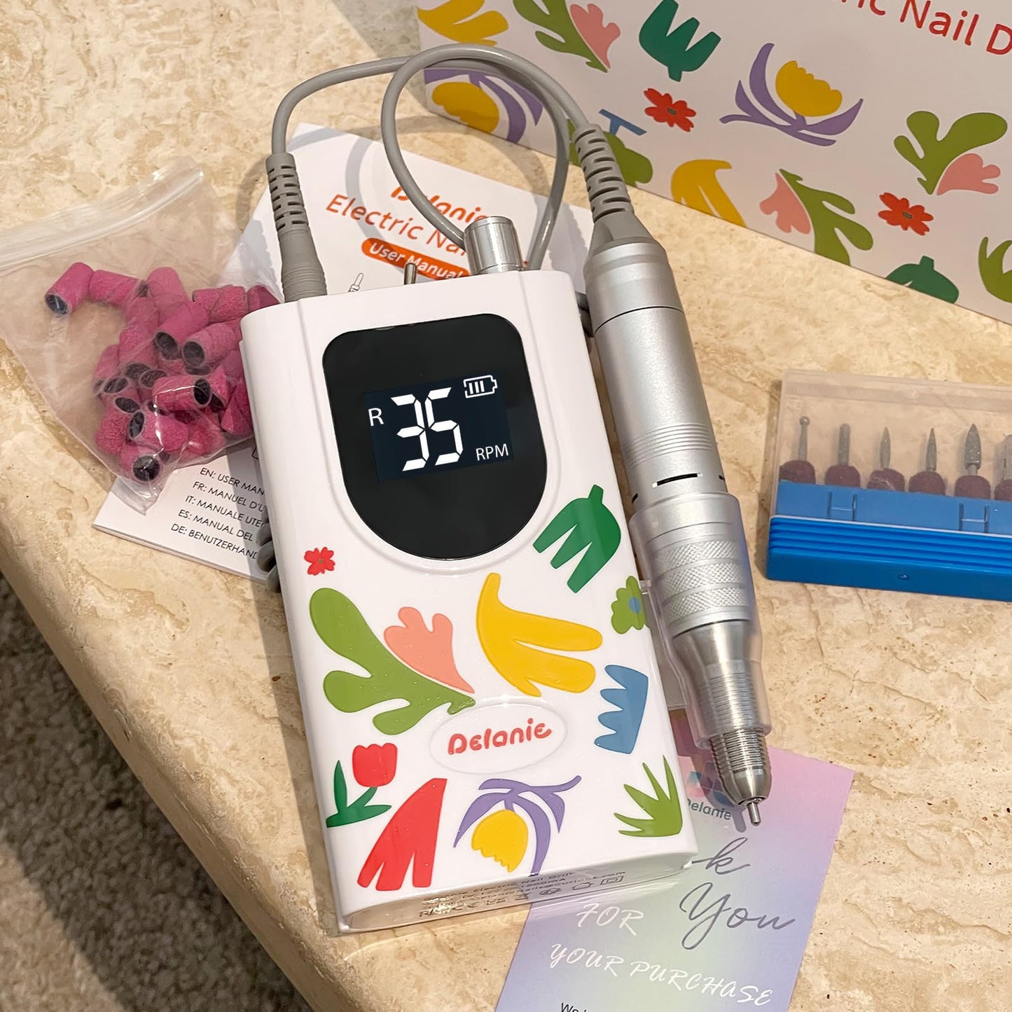 Delanie Professional Nail Drill High Torque 35000 RPM Rechargeable Portable Electric Nail File Filer for Acrylic Gel with Cuticle Bits, Salon Manicure Tool, Matisse White