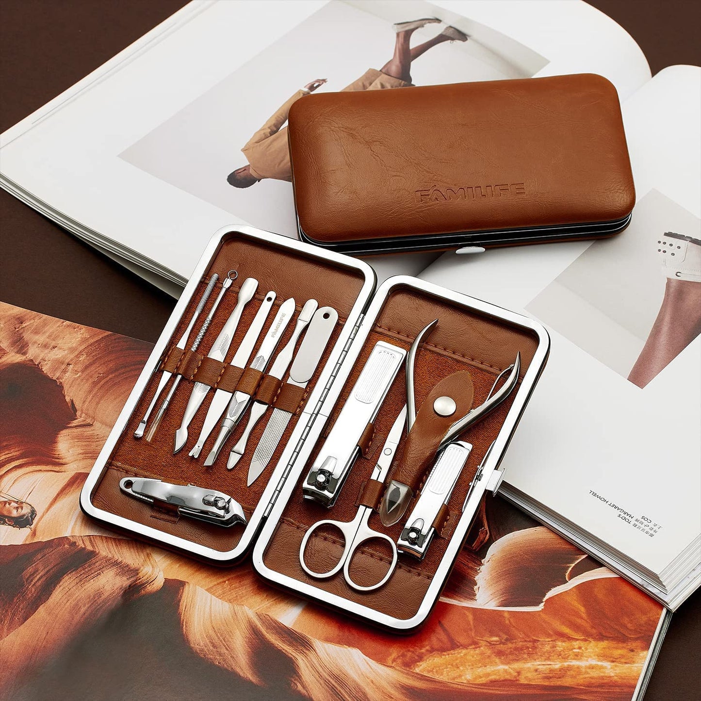 FAMILIFE F06 Manicure Set, 13pcs Pedicure Kit Rose Gold Nail Clipper Set Professional Manicure Kit and 12 Pieces Grooming Kit with Luxurious Leather Travel Case (D-Brown)