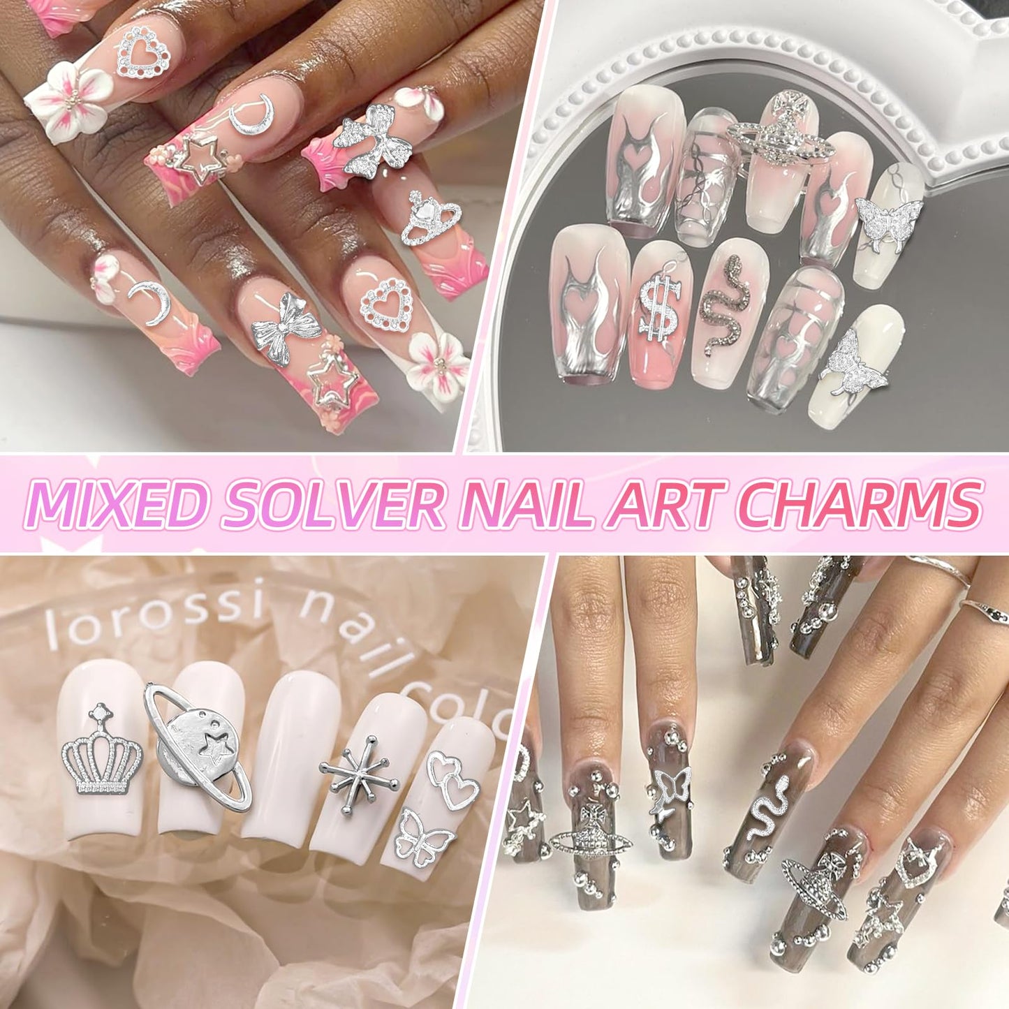 240 Pcs 3D Silver Nail Charms, Alloy Cross Star Crown Bows Nail Silver Charms, Shiny Planet Metal Nails Art Charms Snake Charm for Acrylic Nails DIY Y2K Accessories