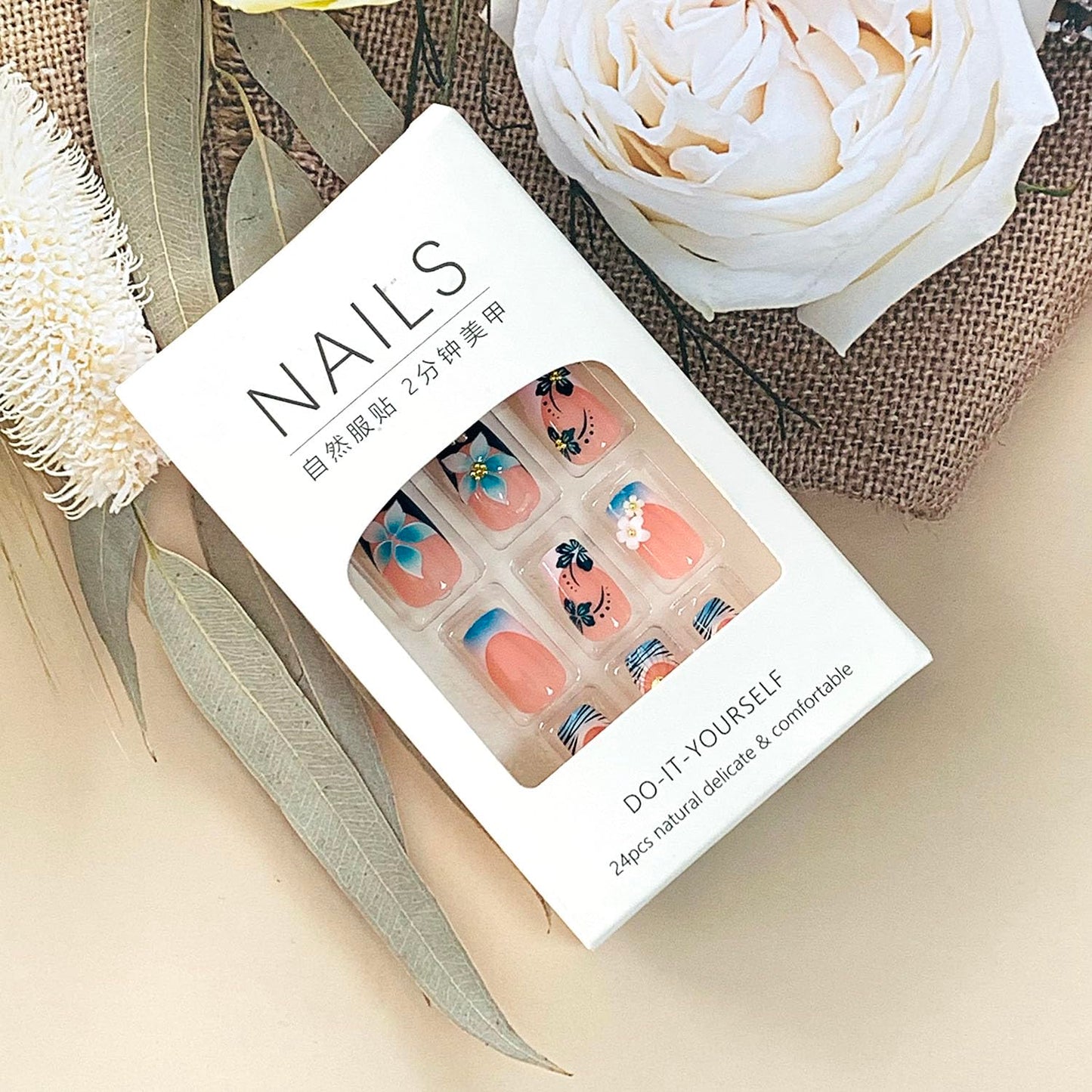 FIEONCIY Press on Nails Square Short Length Glossy Full Cover Acrylic Short Square Shaped False Nails with French Designs Artificial Fake Nails Glue Stick ons Fingernails for Women Girls(W2450)