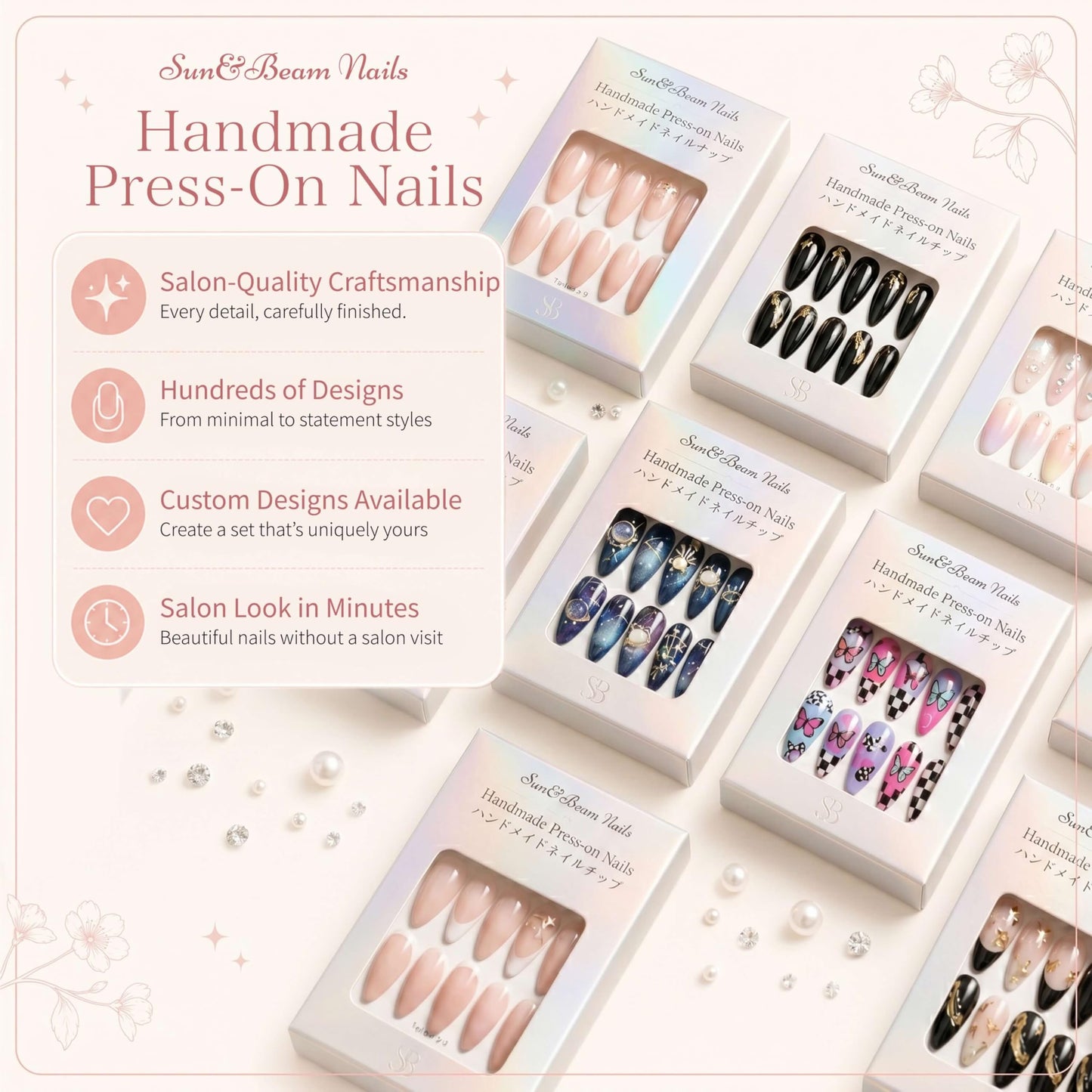 Sun&Beam Nails Handmade Press On Nail Short Round Hand-painted Golden Flowers Acrylic Fake Tip Design Art Charms Cute with Storage Box 10 Pcs (#005 M)