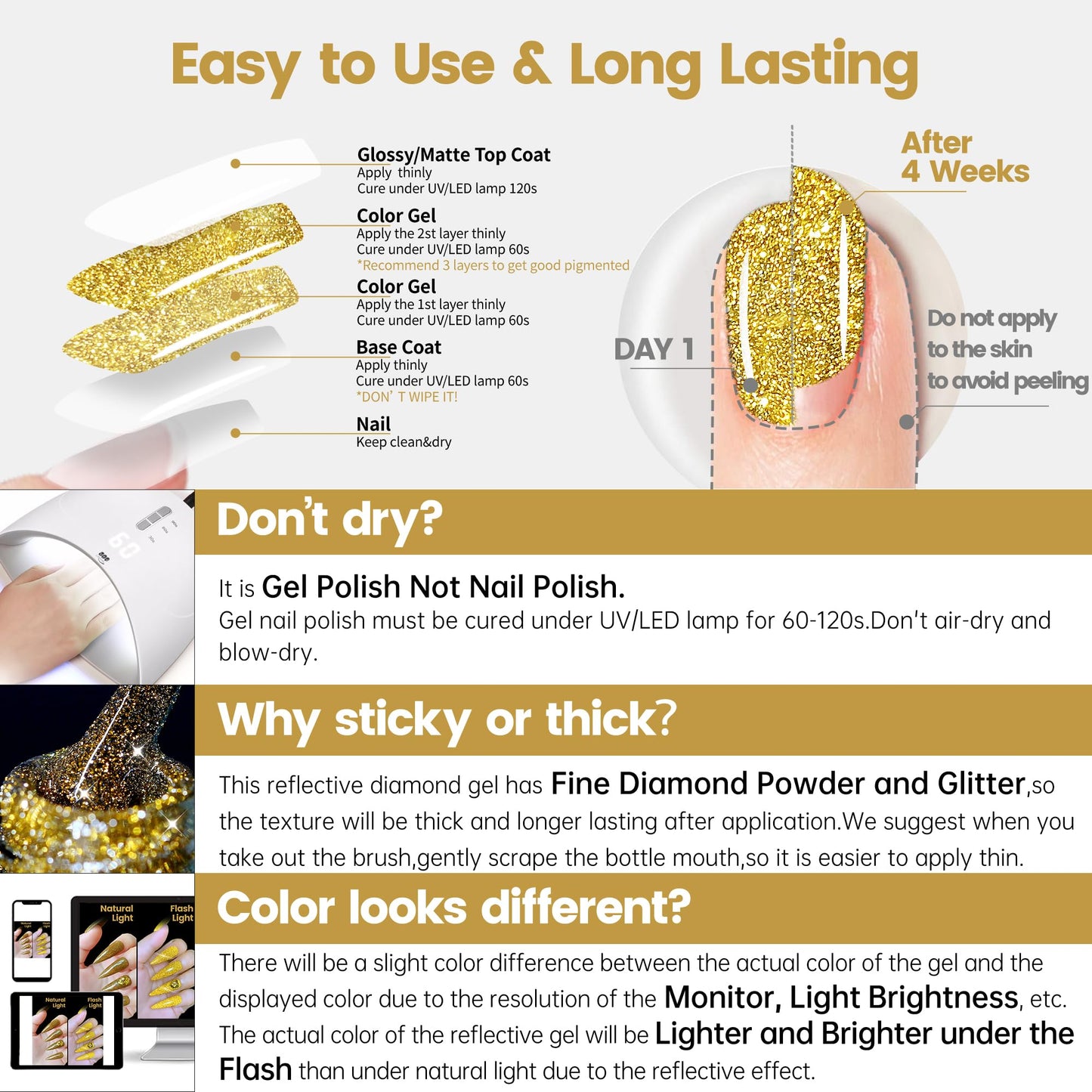YTD Likomey Reflective Glitter Gel Nail Polish Set,Flash 6 Colors with Base and Top Coat Kit,Summer Brown Gold Red Green Purple Diamond Sparkle Manicure UV Color Nail Varnish,8 Pcs 7.5 ml