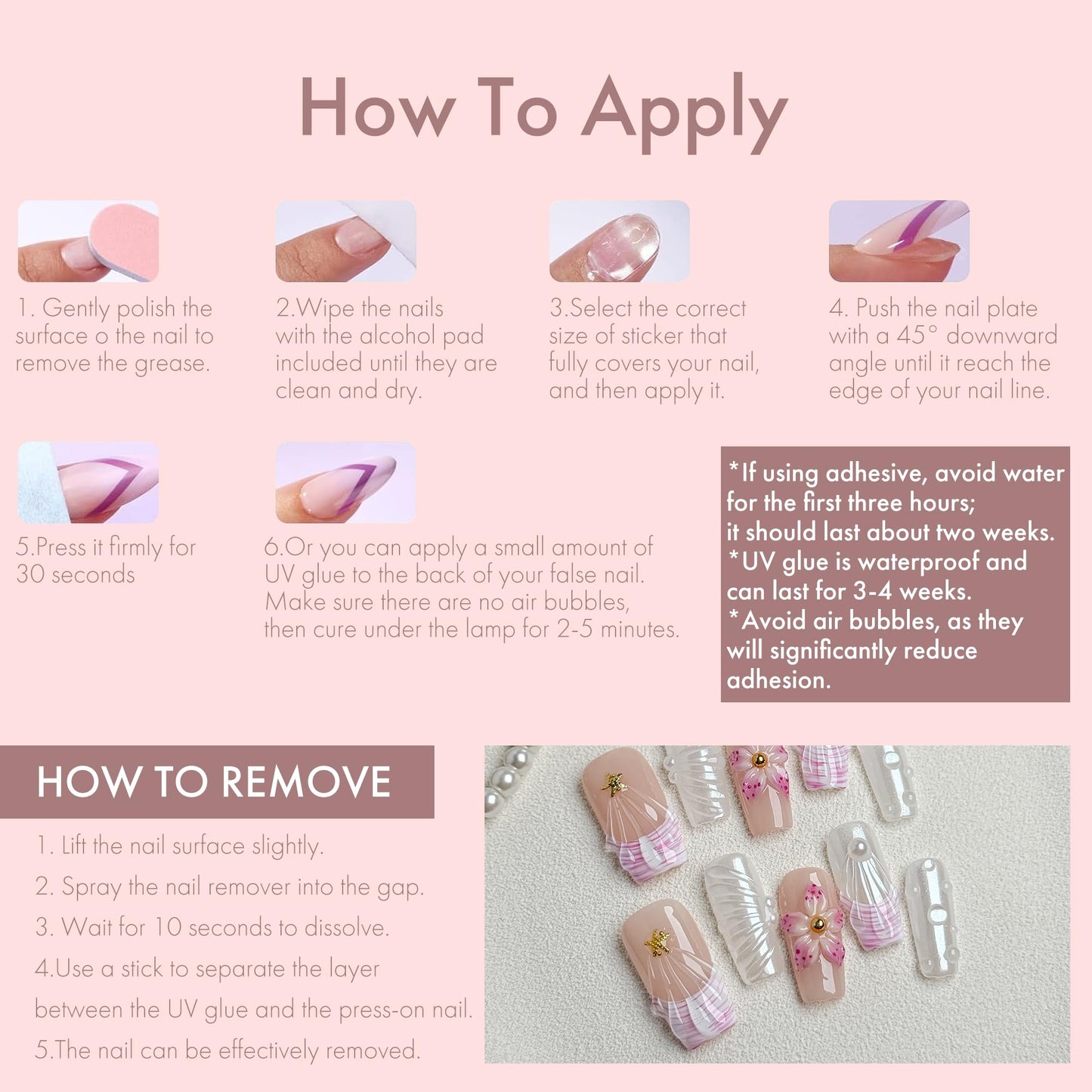 Pink Shell Dream Romantic 3D Floral Pearl Press on Nails, Elegant Girly Acrylic UV Gel Fake Nails for Women, Cute Press-Ons for Date Party Daily Wear (Pink, S)