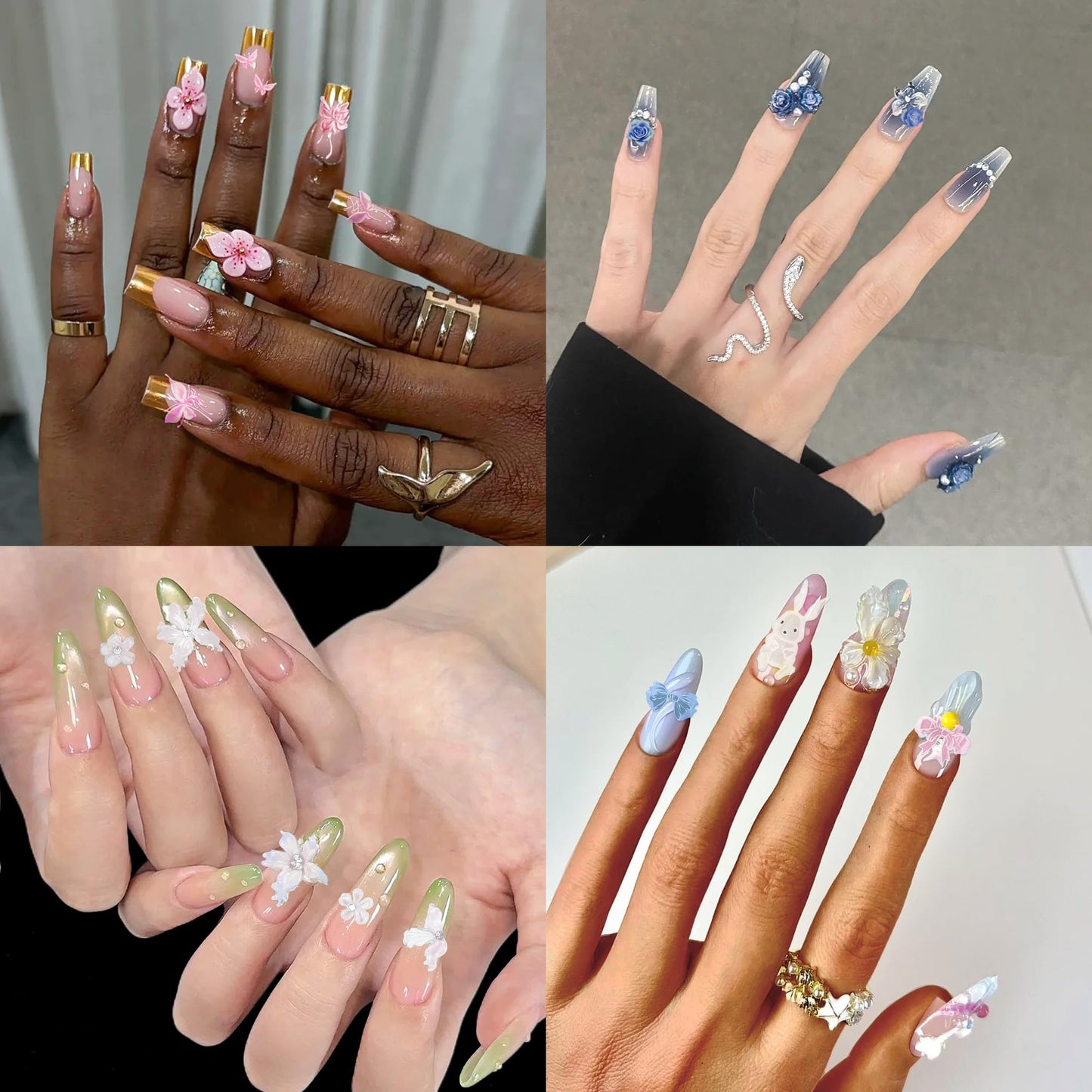 3D Flowers Nail Mold 4 Pcs Silicone Flower Nail Tools Resin Nail Charms Mould Gel Nail Art Sculpture Floral Rose Butterfly Bow Carving Template Molds for Resin Manicure Accessories DIY Nail Supplies