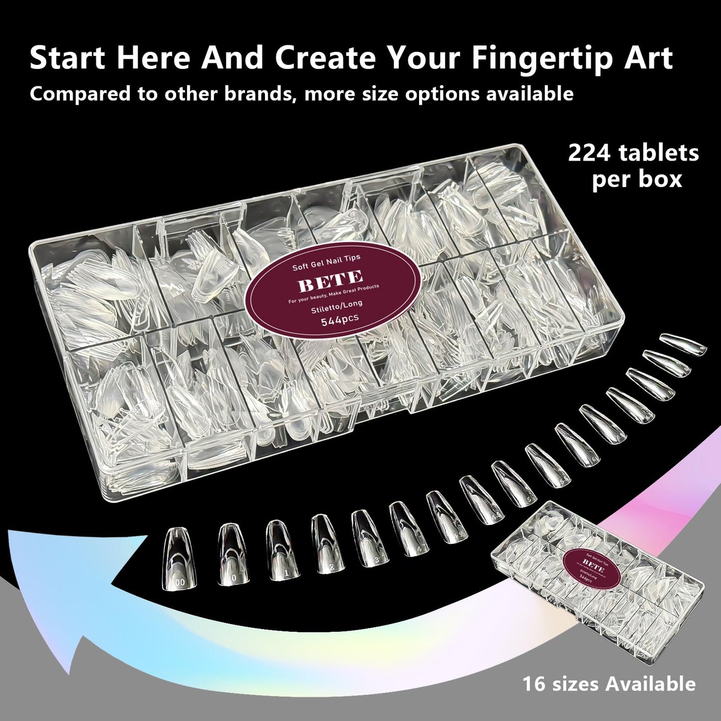 BETE Long Stiletto Clear Acrylic Nail Tips–544Pcs 16 Sizes with Half Sizes, Tipex Instant Apex Full Cover False Nails, Pre-Shaped Strong Thick Press On Nails for Home & DIY Manicure