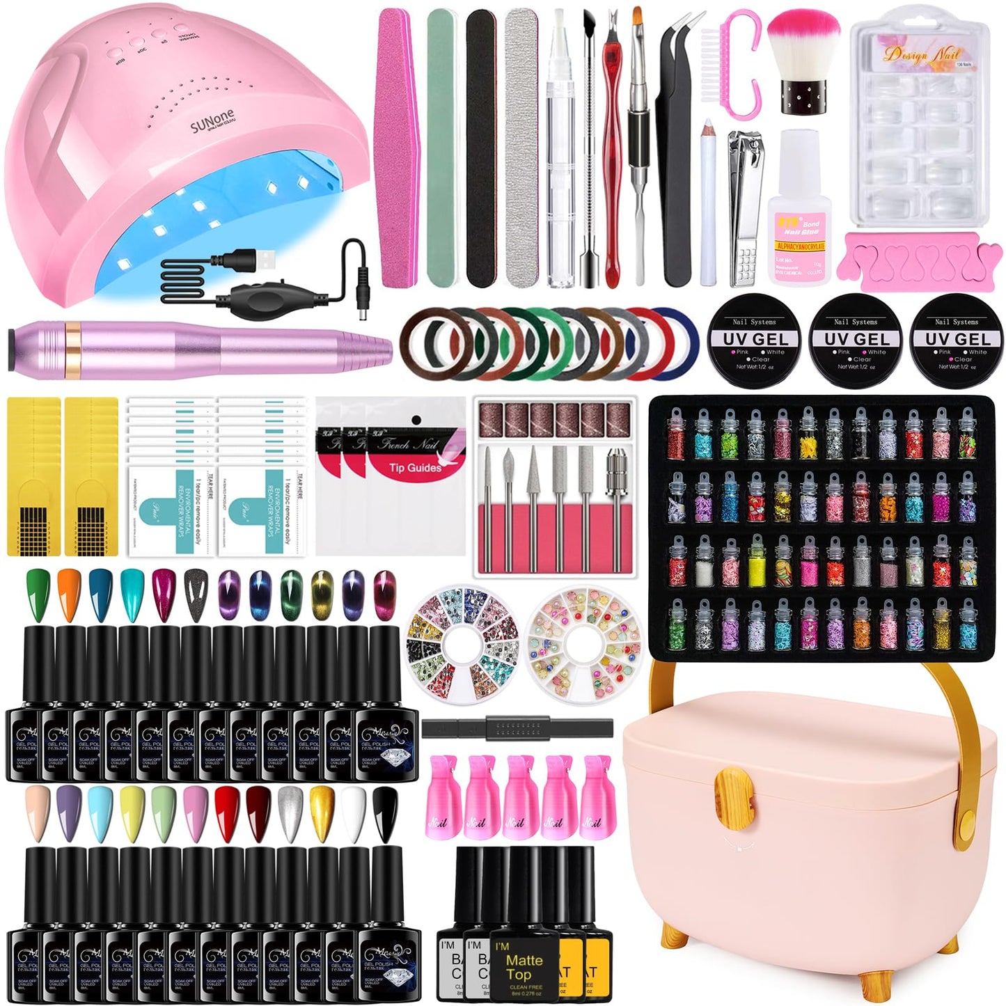 Complete Nail Studio Set with 48W UV LED Lamp, 24 Rainbow Colors, Cat Eye Gel Polish Kit, Nail Drill, Storage Box for Home Manicures