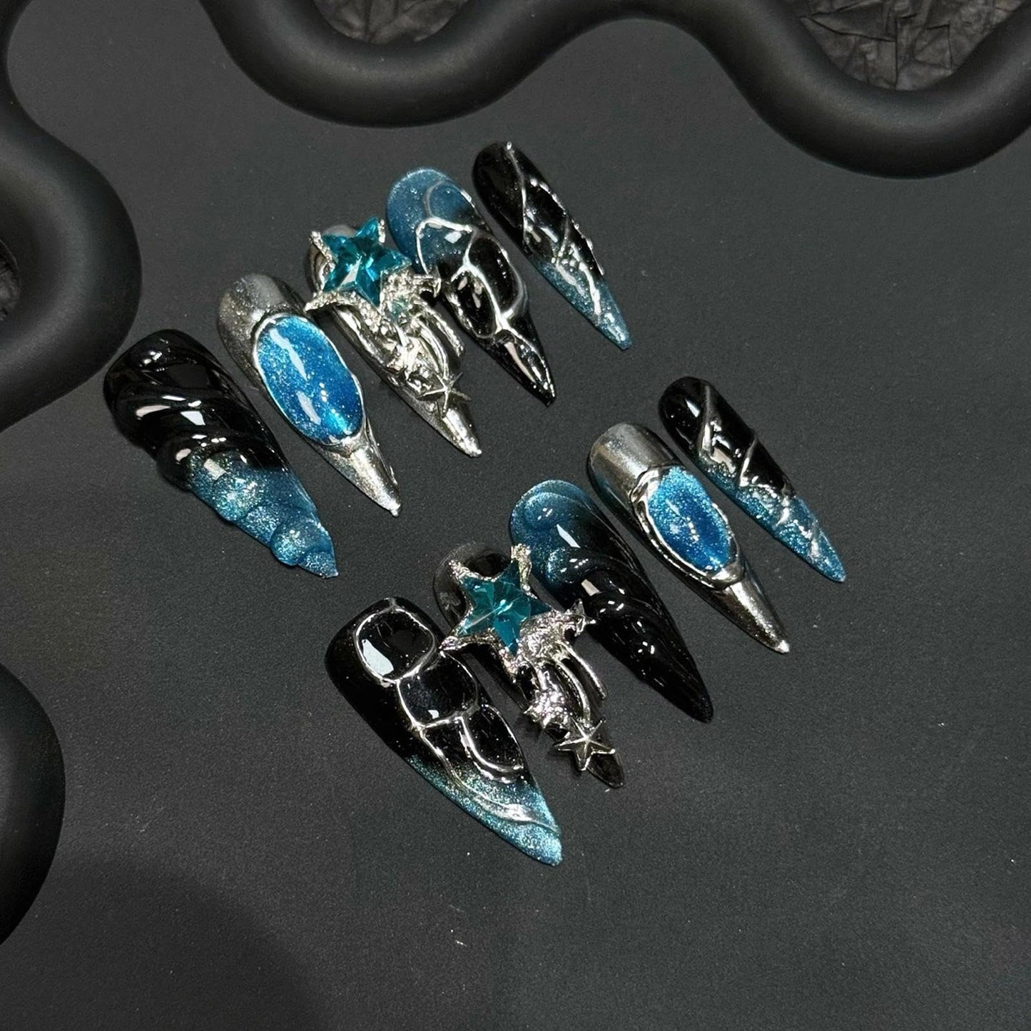 Handmade 3D Dark Sci-Fi Ocean Star Stiletto Press On Nails, Blue Black Gradient Rhinestone Artisan Nails Set, Reusable Glossy Press-ons with Tool Kit(S)