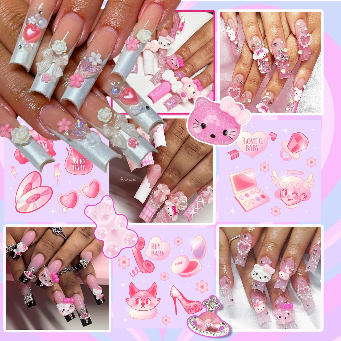 Namifin 3D Pink Nail Charms Bulk Gummy Bear Butterfly Bow Assorted Nail Charms Set Planet Cherry Gems Cute Heart Star Pearls Nail Charms for Nail Art DIY Supplies Accessories