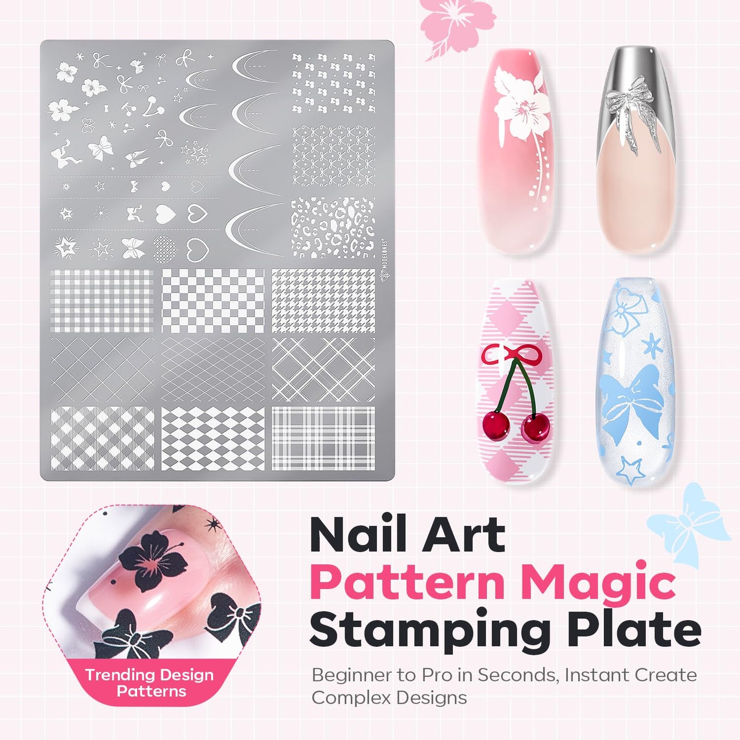 Modelones 16PCS Plaid Nail Stamping Kit – French Tip Stamper White Black Painting Gel Polish Chrome Powder Proof Matte Gel Top Coat Gingham Template Dual Nail Art Brush Summer Manicure Gift for Women