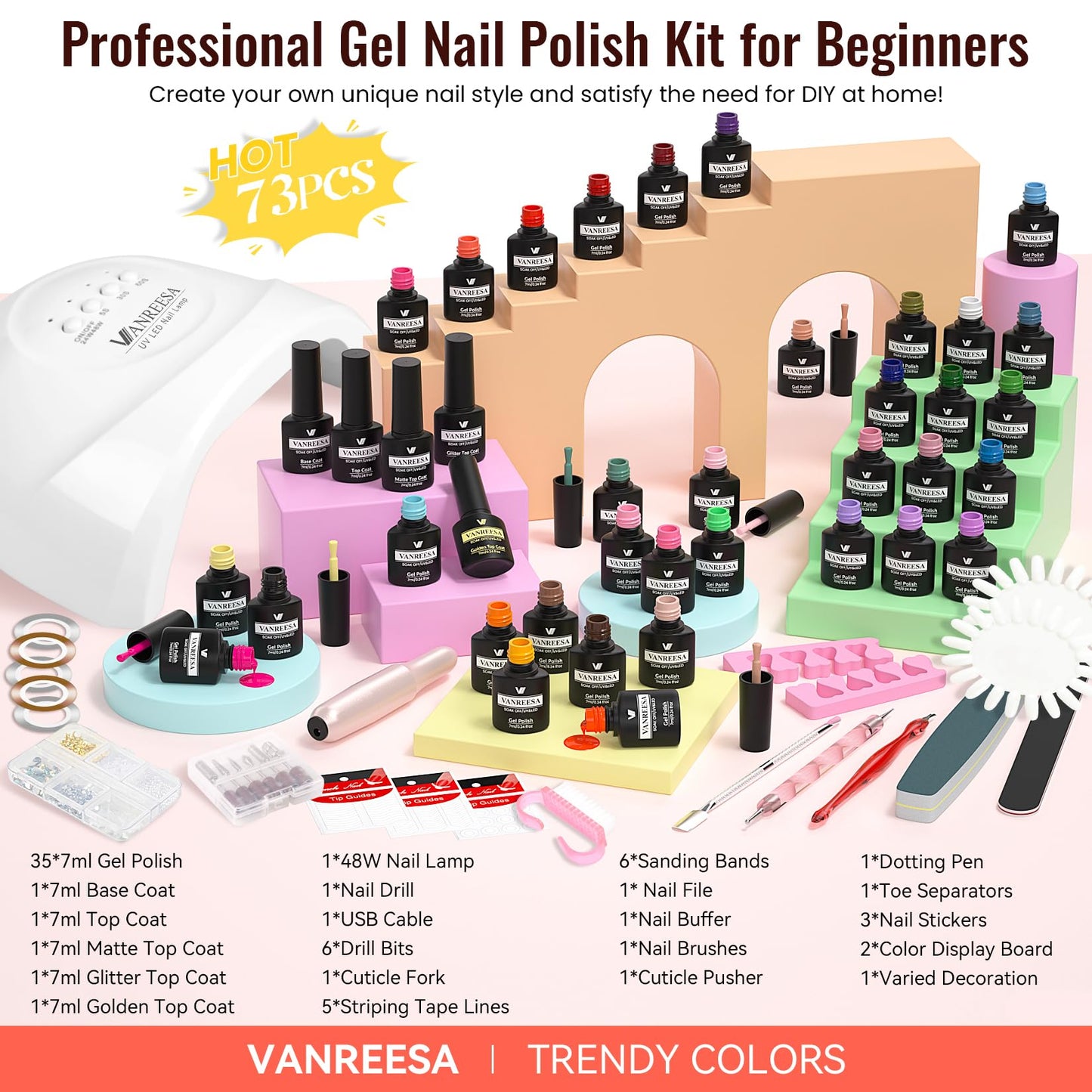 VANREESA 73 Pcs Gel Nail Polish Kit with U V Light and Nail Drill Kit 35 All Seasons Colors Nail Polish Set with Base Coat & 4 Effects Top Coat Gel Polish Nail Set Complete Nail Kit Gifts for Women