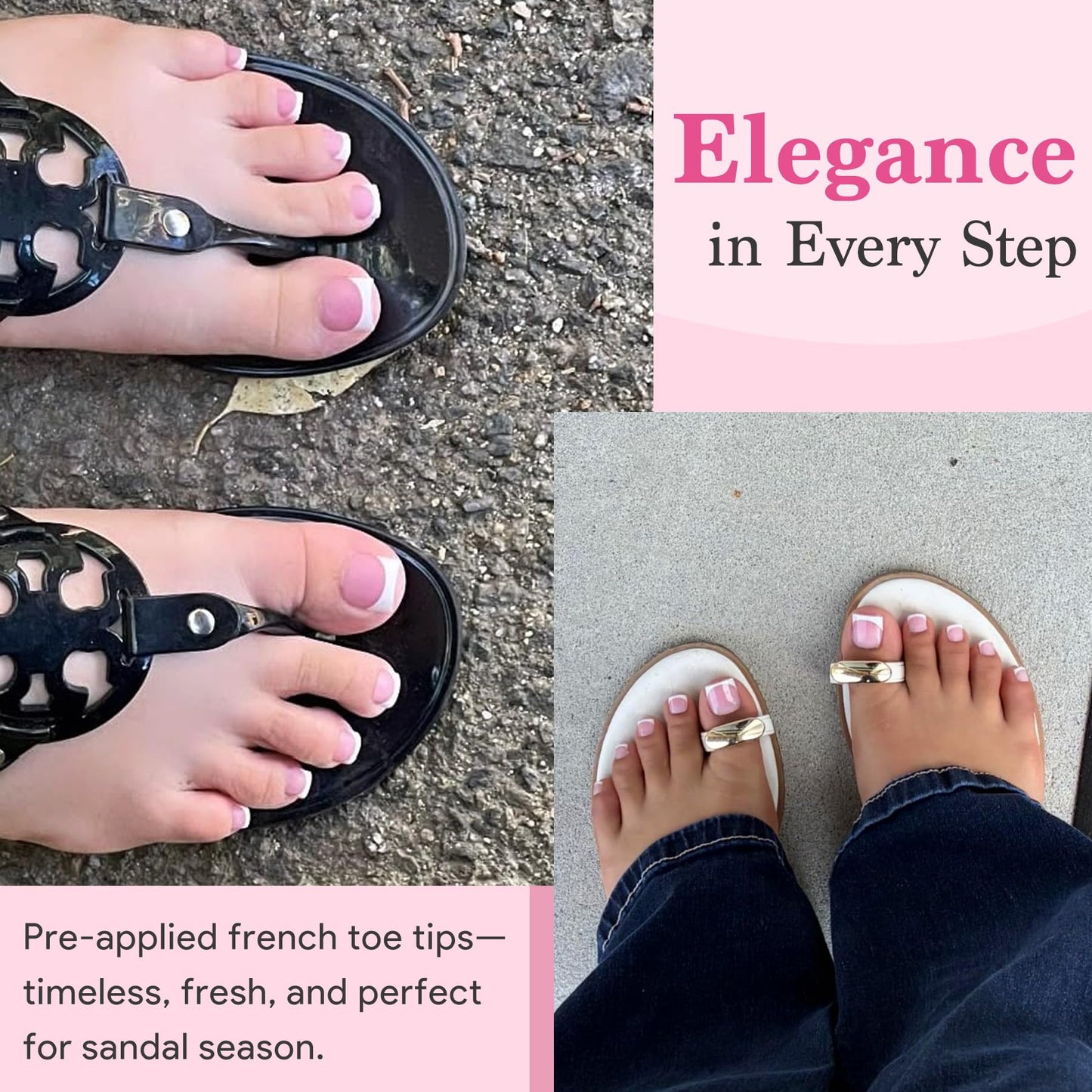 Qiek Toe Nail Press Ons French Tip, Sharp Square Berry Pink Pre-Designed Fake Toenail Press On for Women DIY, Soft False Acrylic Nail Extension 15 Sizes, 270 Pcs - Builder Nail Gel & Top Coat Needed
