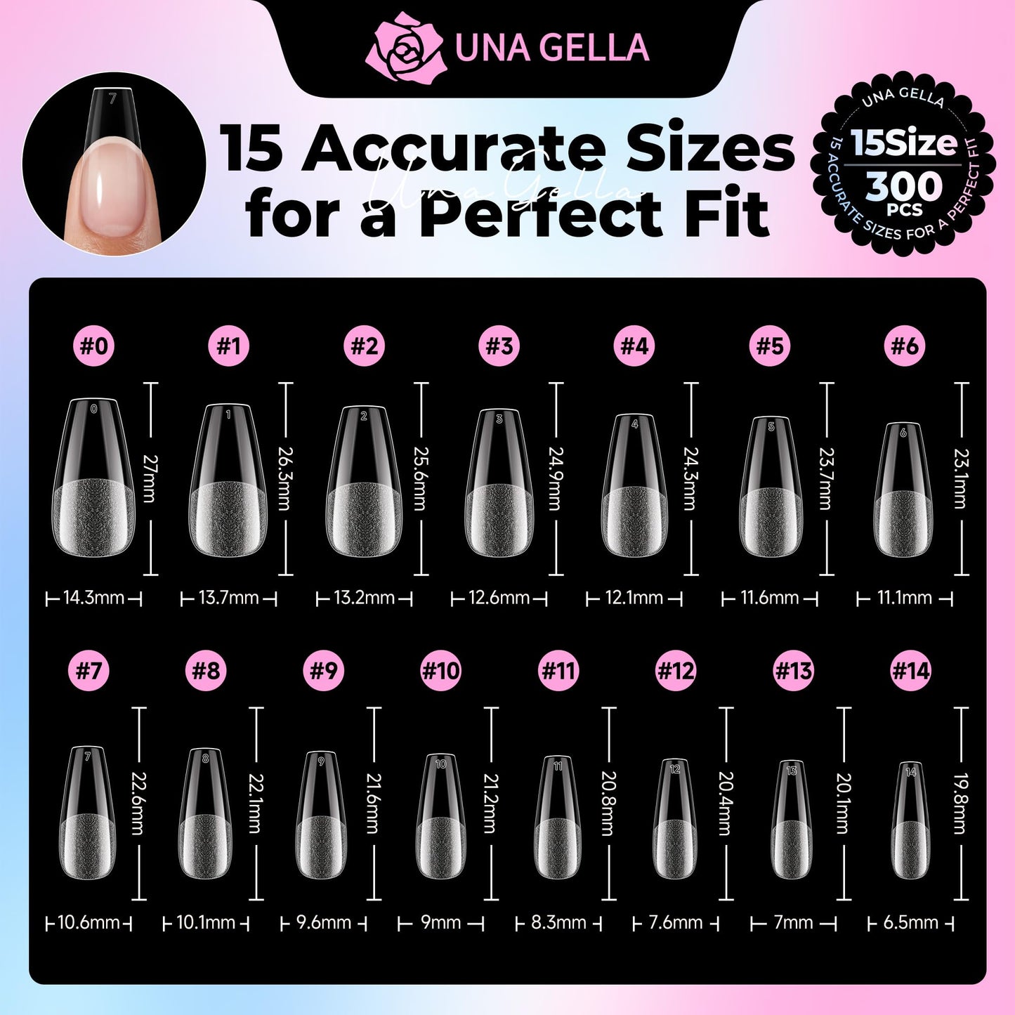UNA GELLA Coffin Gel Nail Tips Medium 15 Sizes 300PCS Pre-Etched Clear Fake Nail Tips Easy DIY Salon Medium Coffin Press On Nails Snug Fit Full False Acrylic Tips Extensions Long-Lasting Hold