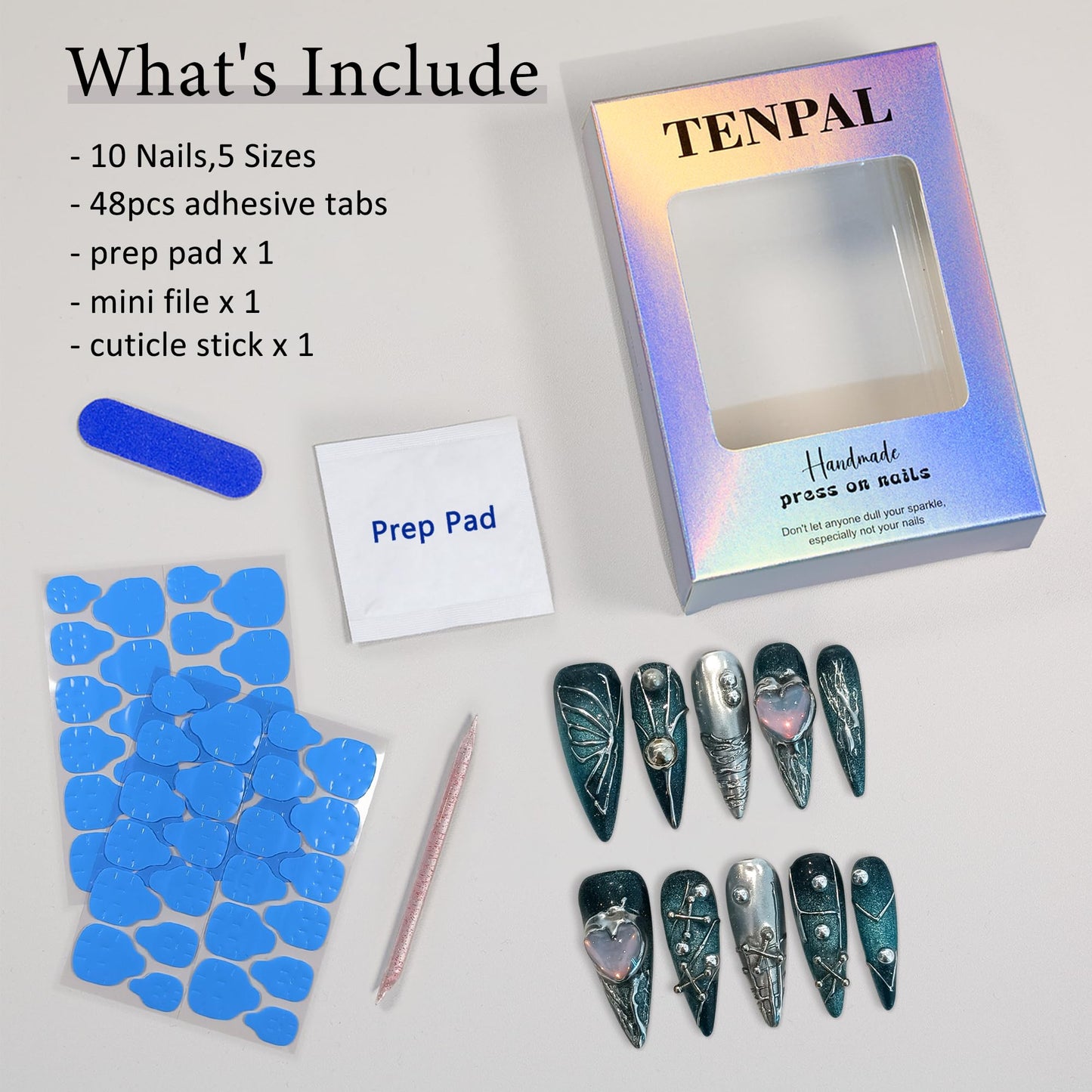 TENPAL Handmade Press on Nails Long Stiletto,Galaxy Ombre Blue-Black Fake Nails with 3D Butterflies Cross Beads Gem Stones,Edgy Y2K Metal Embossed Meteor Glitter Design Salon False Nail Kit 10pcs(L)