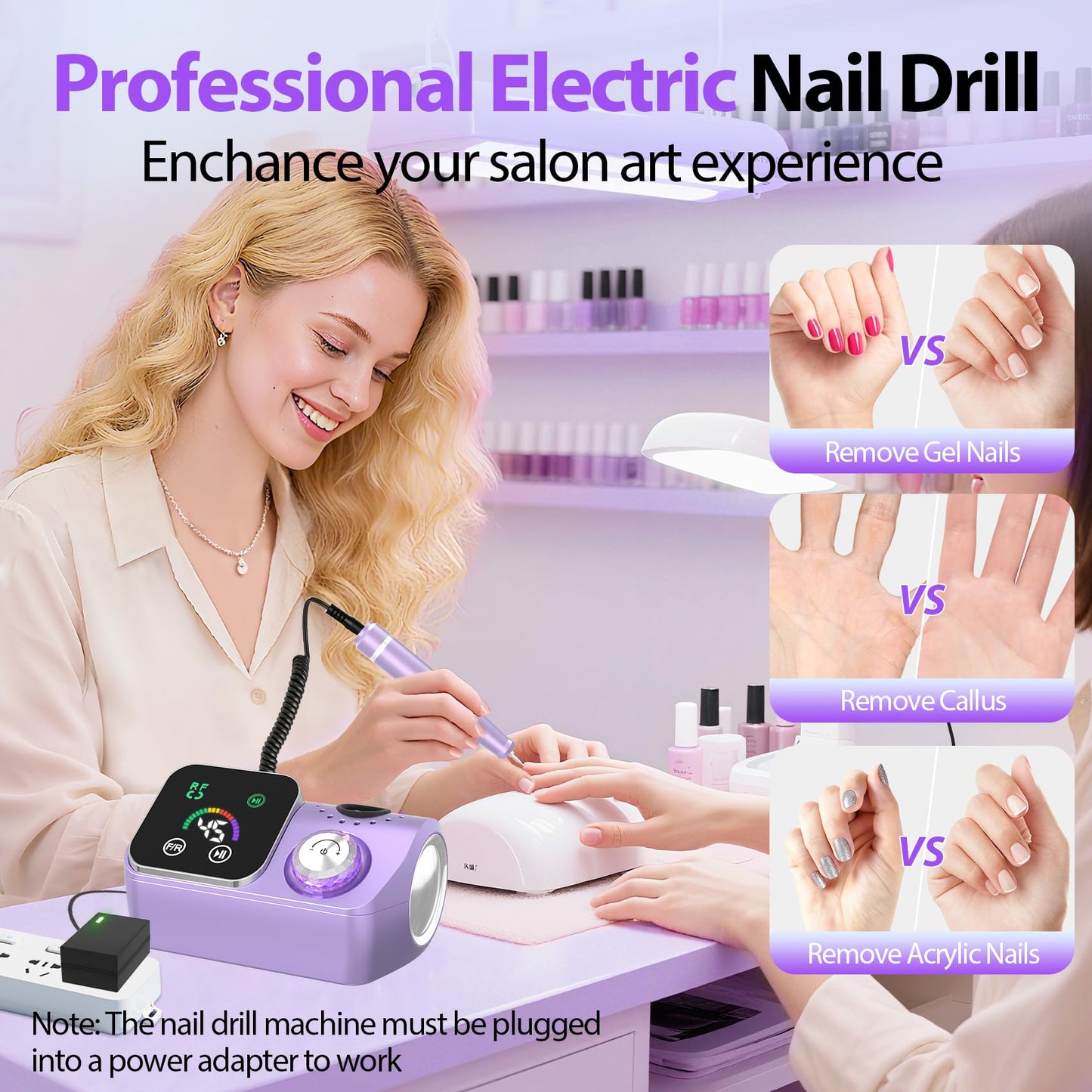 PYVOLA Professional Electric Nail Drill E-File Machine - 45,000 RPM Corded Nail Drills Kit with Low Noise & LED Display for Shaping, Removing & Polishing Acrylic Gel Nails for Salon Home