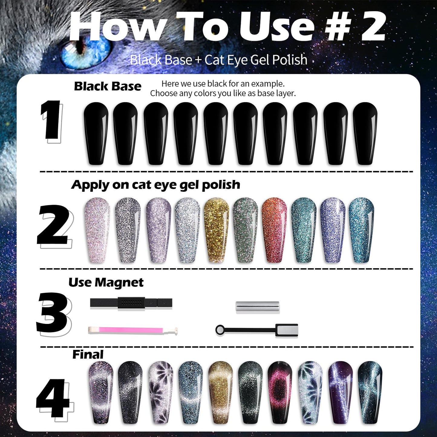Clara Colors Magnetic Nail Polish - 20 Colors Cat Eye Gel Polish Kit Holographic Glitter Cat Eye Nail Polish with 4 Magnet, Black White Base Top Coat Gel Soak Off LED Manicure Salon DIY Art Gifts