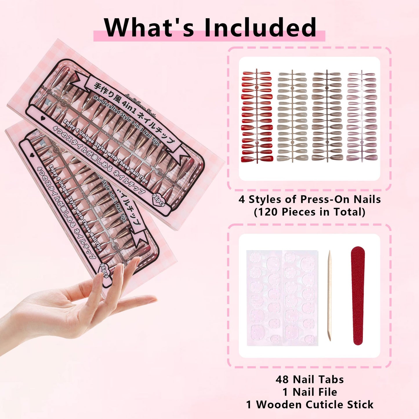 Sun&Beam Nails Press-On Nails 120 Pcs, 4-in-1 Mix & Match Fake Nails, Reusable & Easy to Apply, DIY Nail Art (M300)