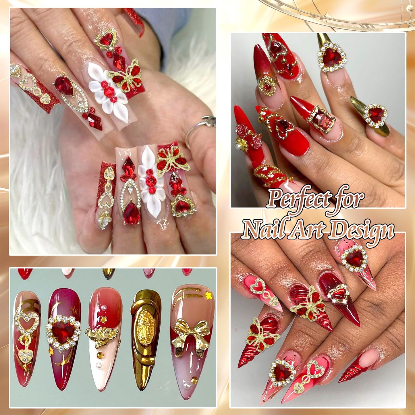 RODAKY 64PCS Red Heart Nail Charms Valentine's Day Nail Jewelry Crystal Butterfly Heart Gems for Nails Art Gold Bow Rose Flower Nail Decoration for Women Manicure Vday