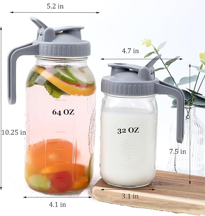 Mason Jar Pitcher Wide Mouth 2 Pack 32 OZ Glass Jars With Pour Spout Lids Airtight Leak-proof 1 Quart Water Pitcher With Handle For Iced Tea, Milk, Sun Tea, Lemonade, Iced Coffee