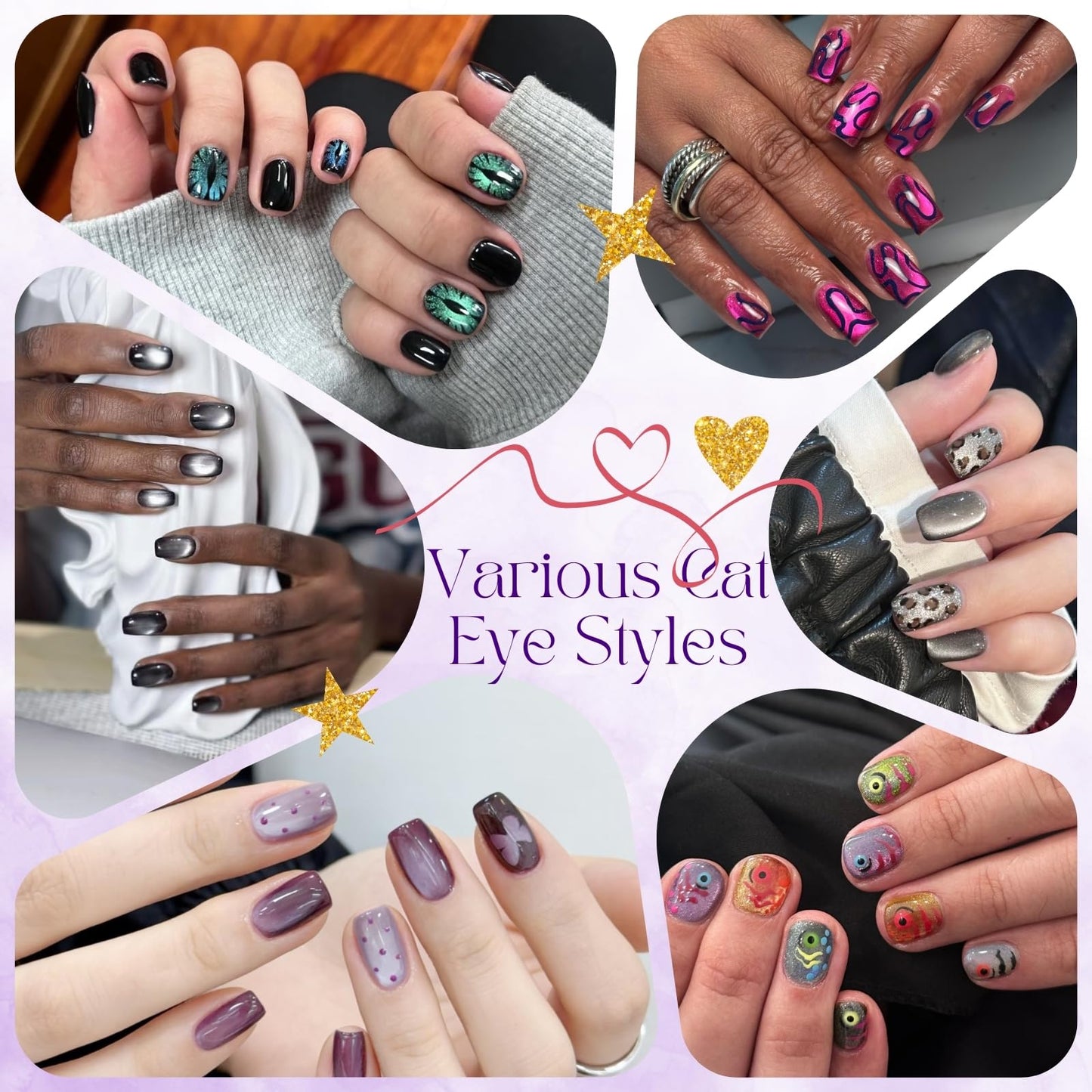 Nail Polish Magnet, 6-in-1 Cat Eye Magnet Kit for Nails, 3-in-1 Nail Polish Magnet Nail Art Tools with 5 Magic Design Plates, For Home DIY & Salon Use, Create Salon Looks Easily (Purple)