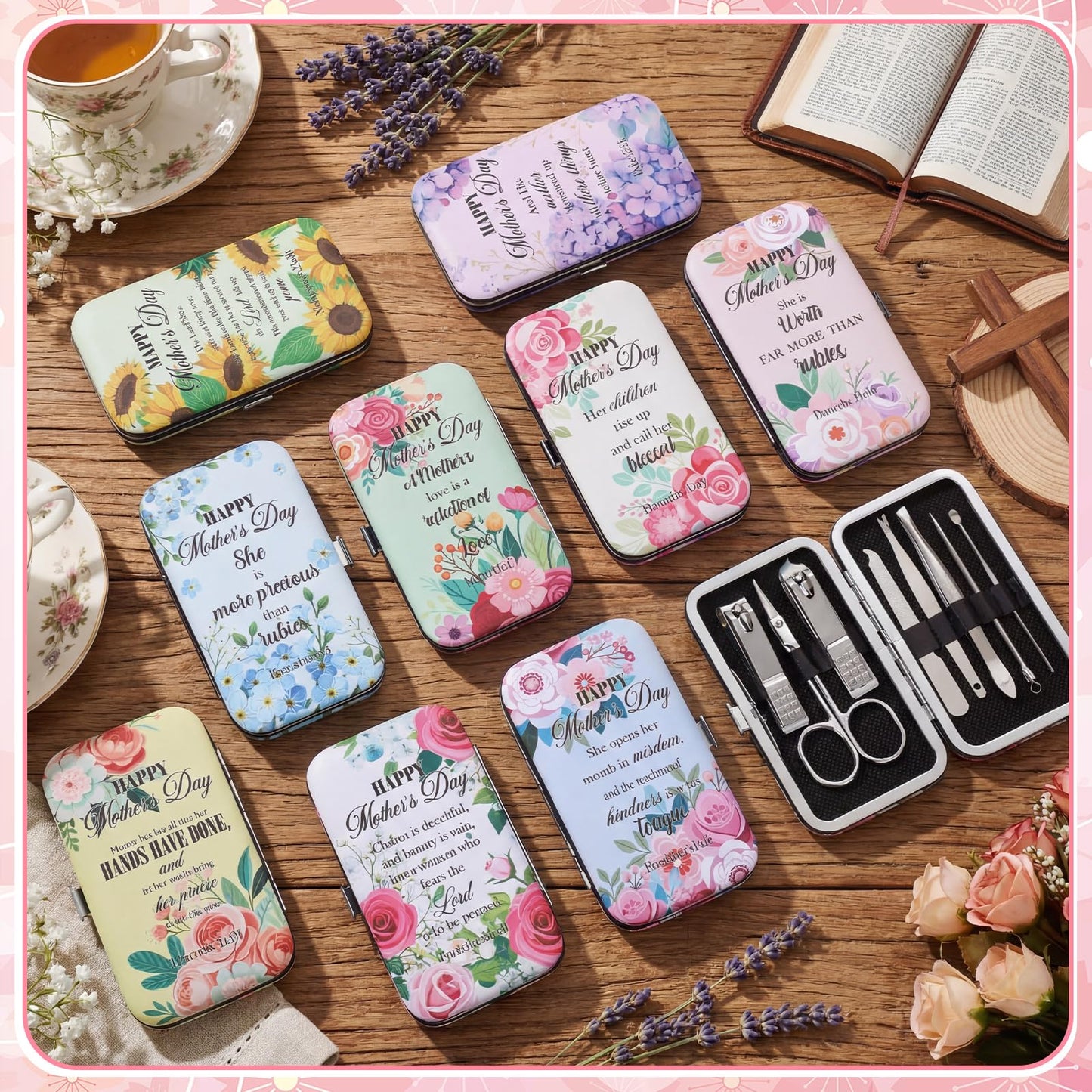 Chumia 20 Sets Mother's Day Christian Nail Set Bulk Bible Scripture Manicure Kit Stainless Steel Nail Clipper Set Happy Mother's Day Floral Religious Christian Gift for Mom Women Church Supplies