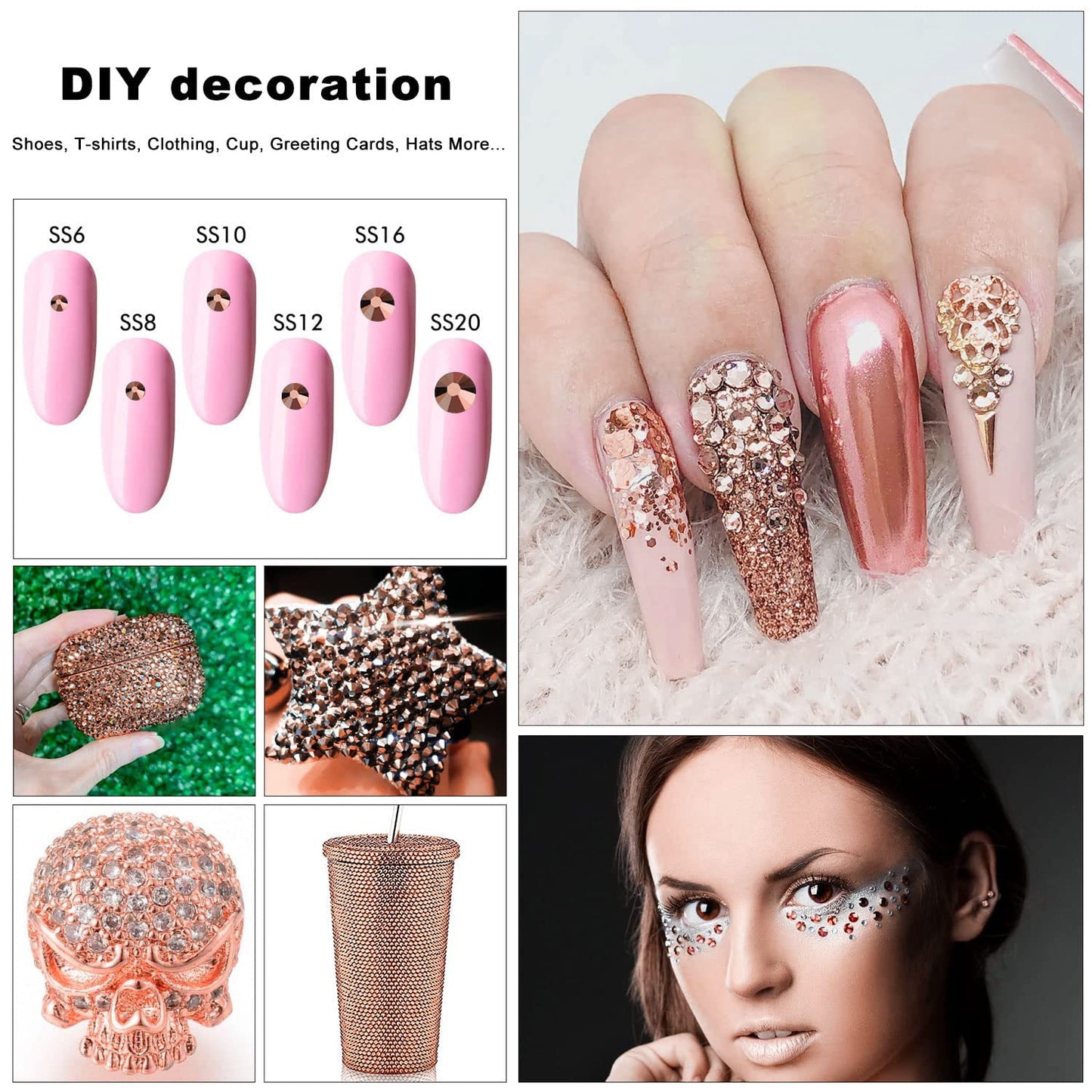Meibite Rose Gold Glass Flatback Rhinestones for Nails, Crafts & Clothes – 4240PCS 6 Sizes (SS6–SS20) Crystal Gems Kit with Tweezers & Picker, Non Hotfix DIY Rhinestones for Tumblers, Shoes, Nail Art