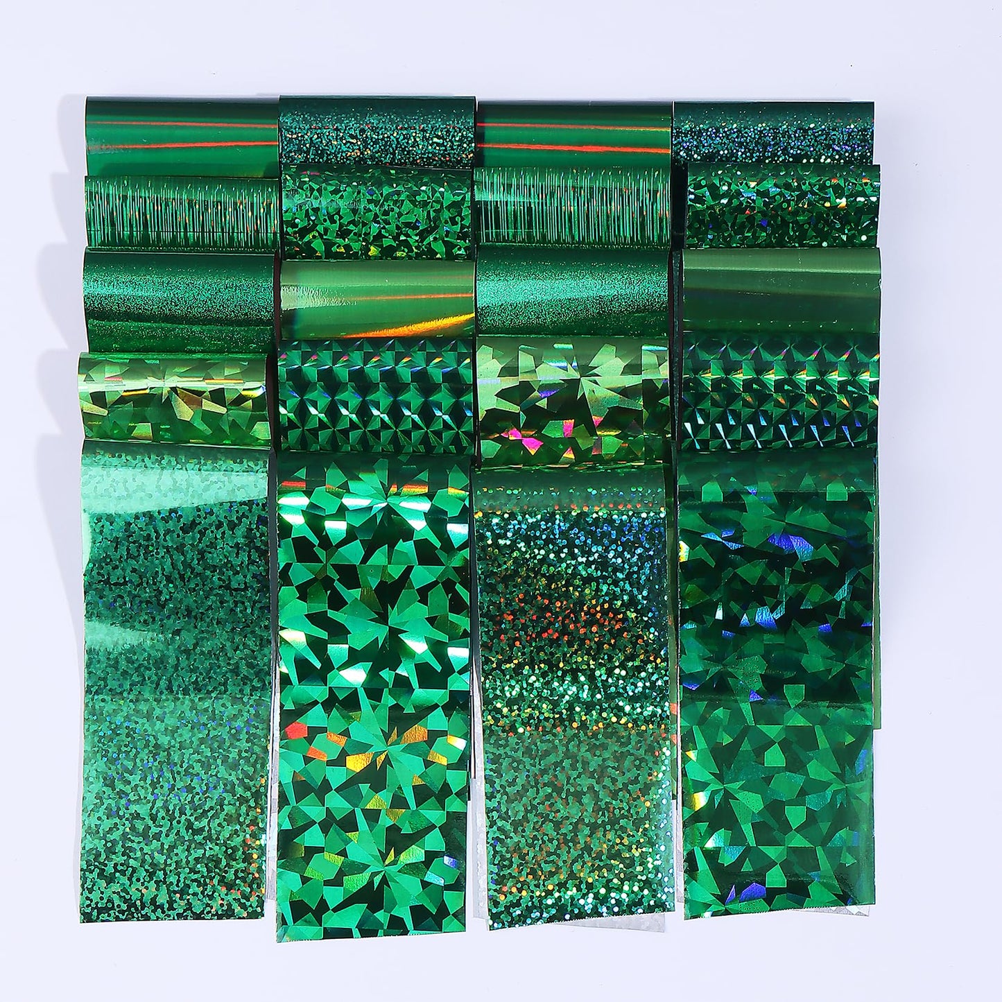 Green Holographic Nail Foil Transfer Nails Art 20PCS St. Patrick's Day Nail Foil Sheets Laser Geometric Iridescent Green Nail Design Stickers Decals DIY Starry Paper Manicure Supplies