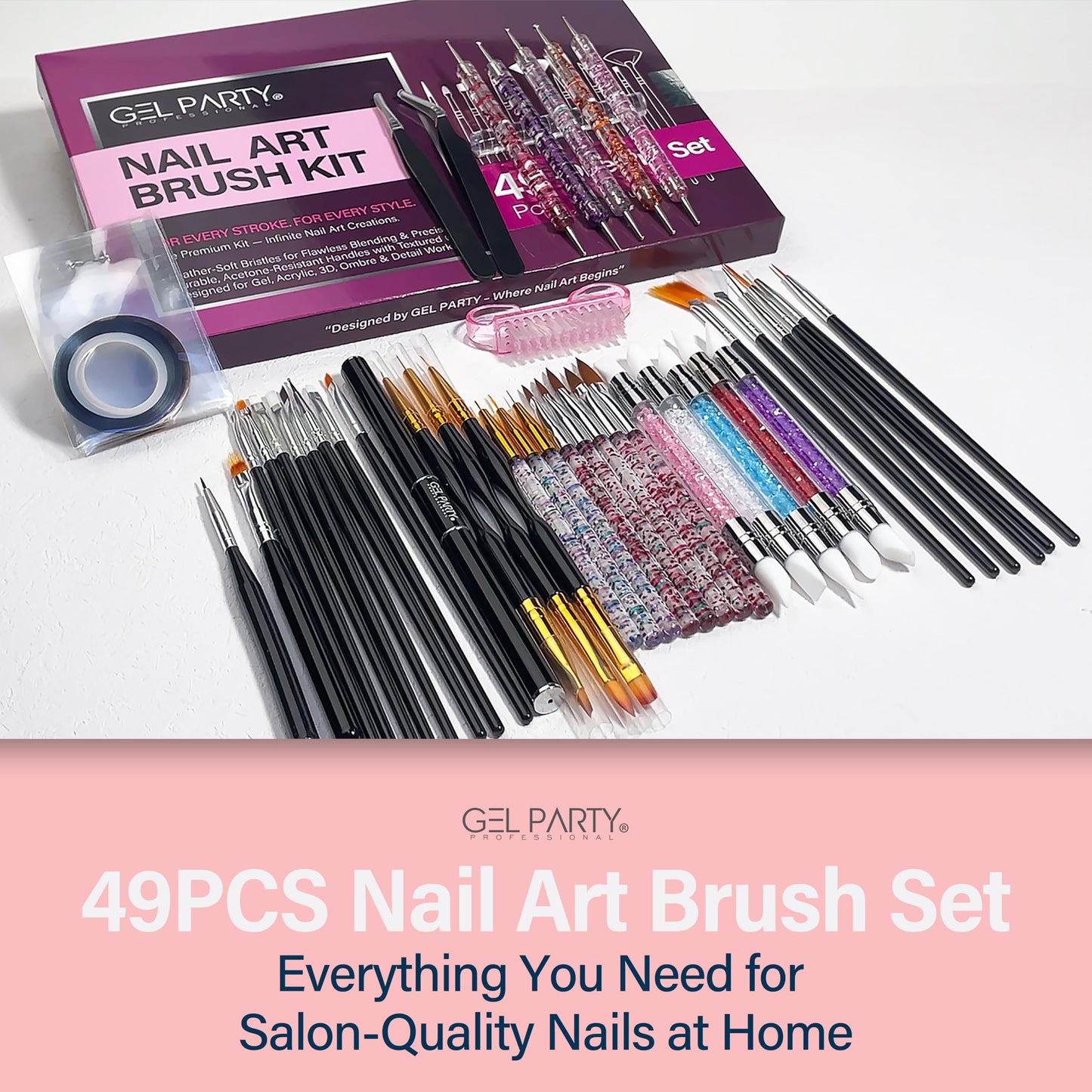 GELPARTY 49 PCS Nail Art Brush Set with Dotting Tools, Liner Brushes, Silicone Sculpting Tools & Tweezers โ Professional Nail Design Kit for Acrylic, Poly Gel, Builder, DIY & Salon Use