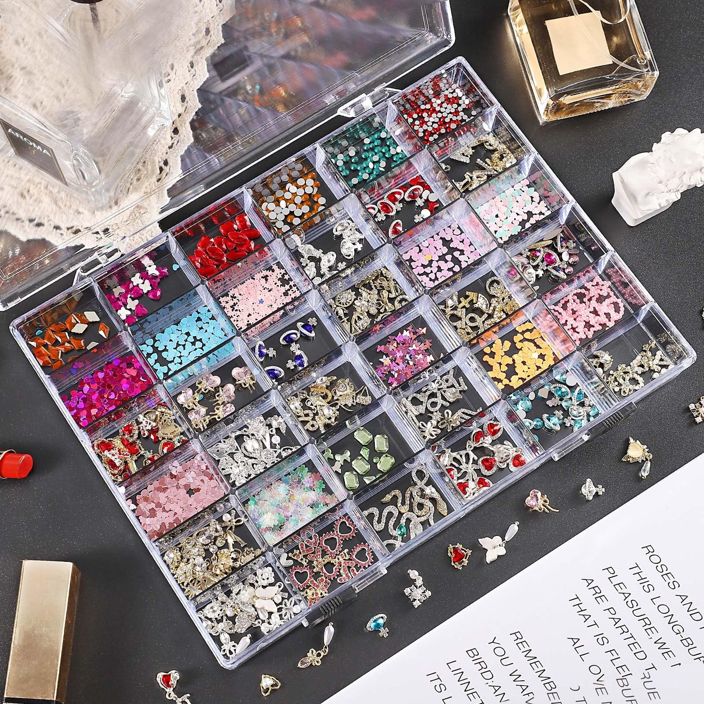 Noverlife 36 Grids Clear Plastic Jewelry Organizer Box, Nail Charm Holder Double Buckle Bead Organizer Storage Container Box, Empty Nail Box Organizer Earring Display Case Acrylic Bead Box for Women
