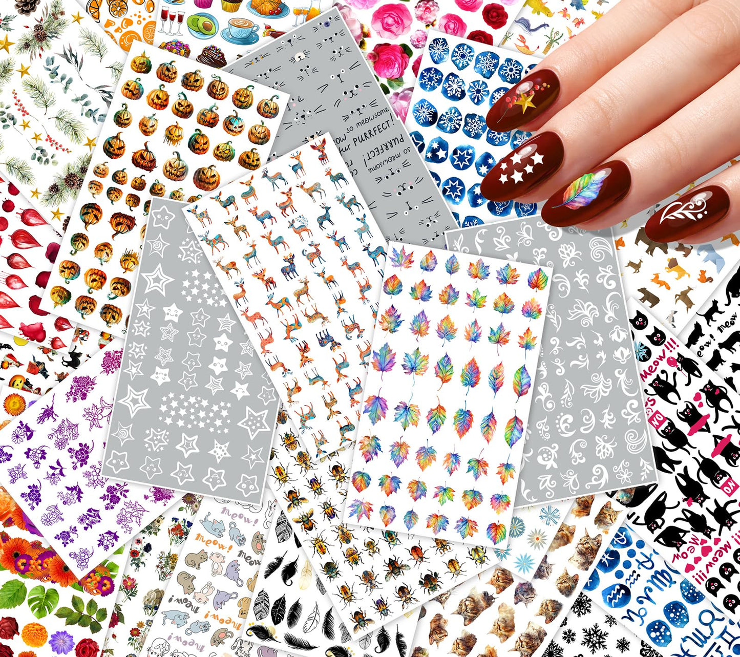 30 Sheets Nail Stickers Collection ~ Autumn Nature ~ Pumpkins Beetles Deer Leaves Feathers and Seasonal Motifs in Detailed Illustrative Style Creating Rich Autumn Inspired Manicure Decals