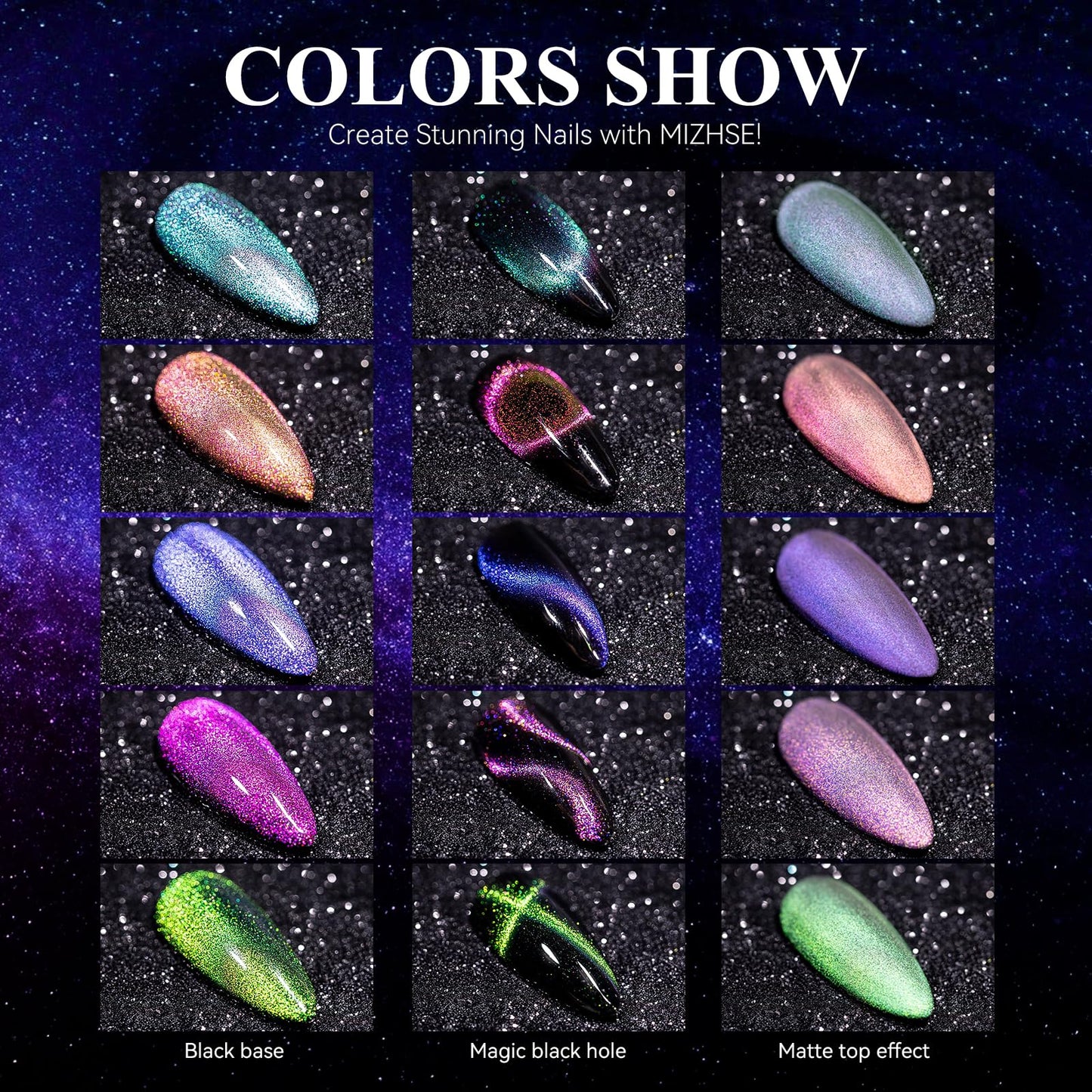 MIZHSE 9D Cat Eye Gel Nail Polish Set, Glitter Chameleon Magnetic Gel Nail Polish with Black Color 2 Magnet Sticks, Galaxy Effect Soak Off LED Nail Art Manicure Salon DIY Gift